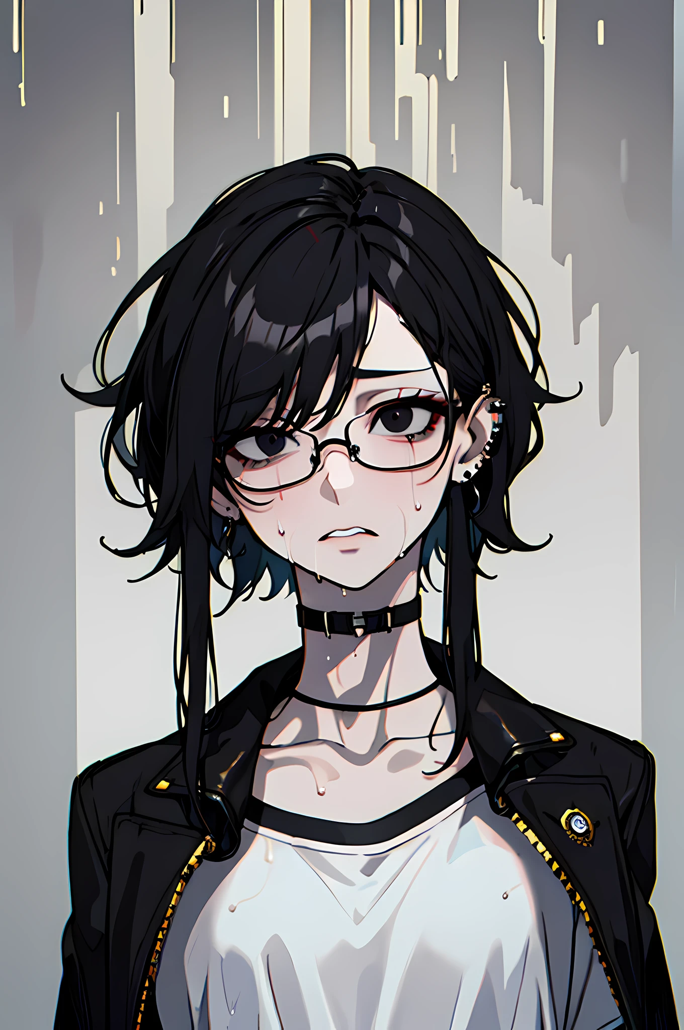 (masterpiece), best quality, expressive eyes, highres, anatomically correct, 1girl, perfect face, perfect hands, female, pale, glasses, messy hair, black hair, very long hair, black eyes, glasses, weak, tired, small breasts, graphic t-shirt, gothic, emo, goth, exposed left shoulder, piercings, ear piercings, lip piercings, fatigue, eye-bags, sore, blank eyes, expressionless, weak, crazy face, crazy eyes, swept bangs, choker, standing, freaked out, shocked, nervous, stressed, sweating, black hair, black eyes, wet shirt, black jacket,