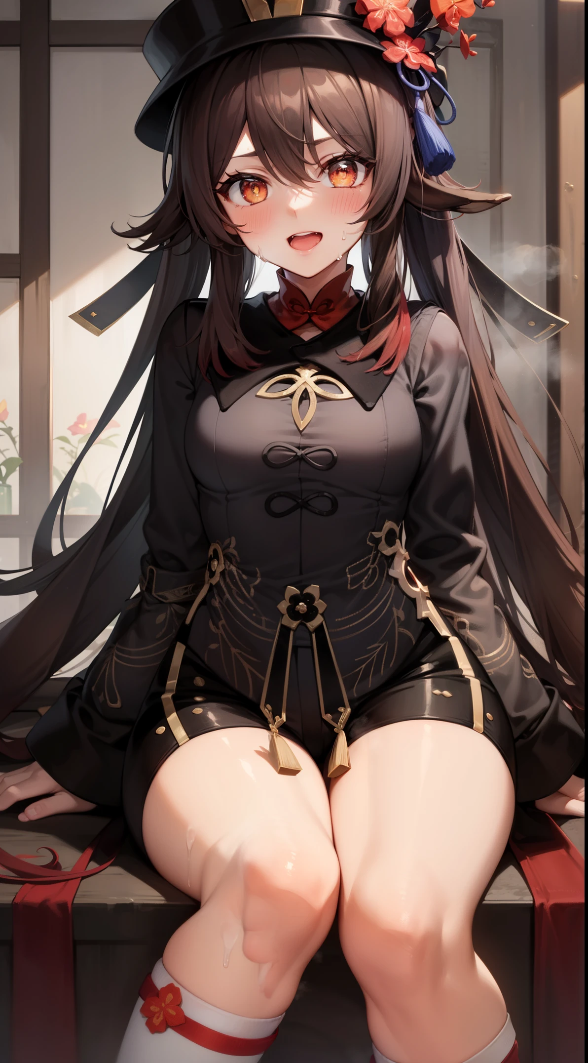 1girl in,Hu Tao,Evil smile,Half-closed eyes,Heart-shaped pupil,blush,Open mouth,yandere,Sweating,Heavy breathing,steam,Sitting,thighs thighs thighs thighs,thighs focus, Spread thighs,Small breasts,From below,legs focus,hotpants,hat,red flower in the hat,Small breasts,From below,Feet,Bare legged,feet focus,sole of feet,（5 toes 1.5）,Mansuji,detaileds,Top image quality,shiny thighs