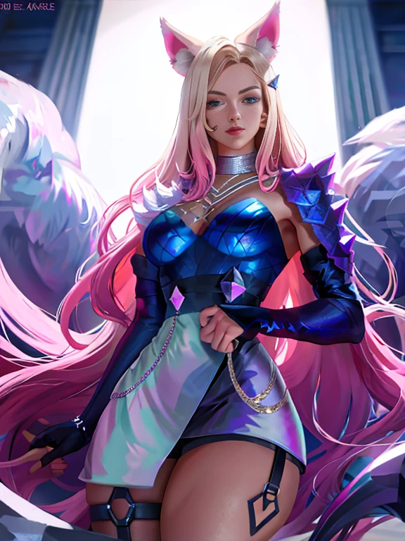 recording studio, high detal, 8K, A high resolution, (K/Go all out Ahri), ahri \(league of legend\), league of legend, 1个Giant Breast Girl, K/big breasts and big breasts (league of legend), Animal ear, Alone, fox tails, fox, fox ear, long whitr hair, Blonde hair, hands on the chest, eBlue eyes, idoly, face markings, looking at viewert, mitts, with pink hair, Fingerless gloves, Beard markings, (:1.75), cosmetics, cparted lips, a skirt, hair adornments