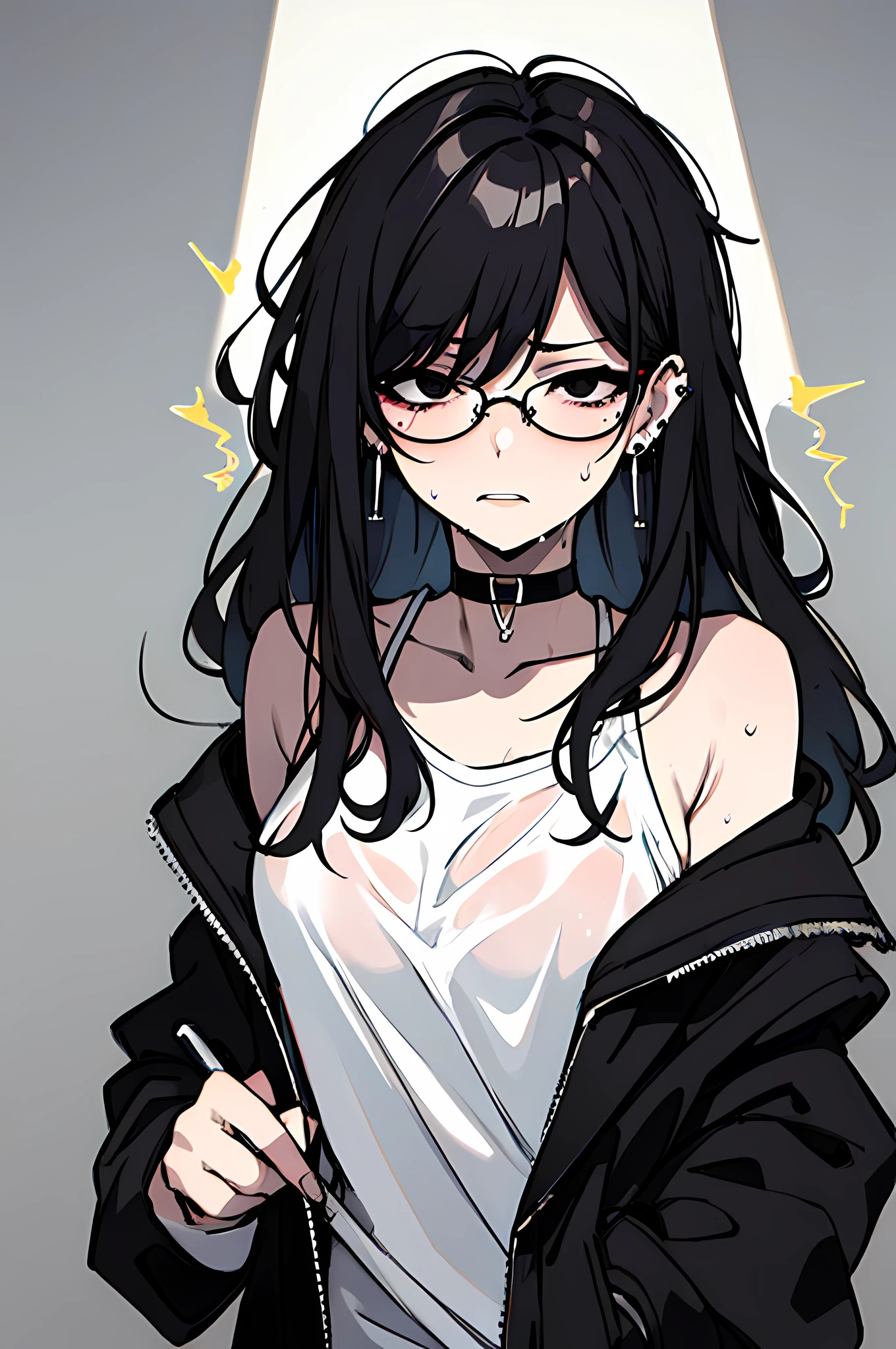 (masterpiece), best quality, expressive eyes, highres, anatomically correct, 1girl, perfect face, perfect hands, female, pale, glasses, messy hair, black hair, very long hair, black eyes, glasses, weak, tired, small breasts, graphic t-shirt, gothic, emo, goth, exposed left shoulder, piercings, ear piercings, lip piercings, fatigue, eye-bags, sore, blank eyes, expressionless, weak, crazy face, crazy eyes, swept bangs, choker, standing, freaked out, shocked, nervous, stressed, sweating, black hair, black eyes, wet shirt, black jacket,