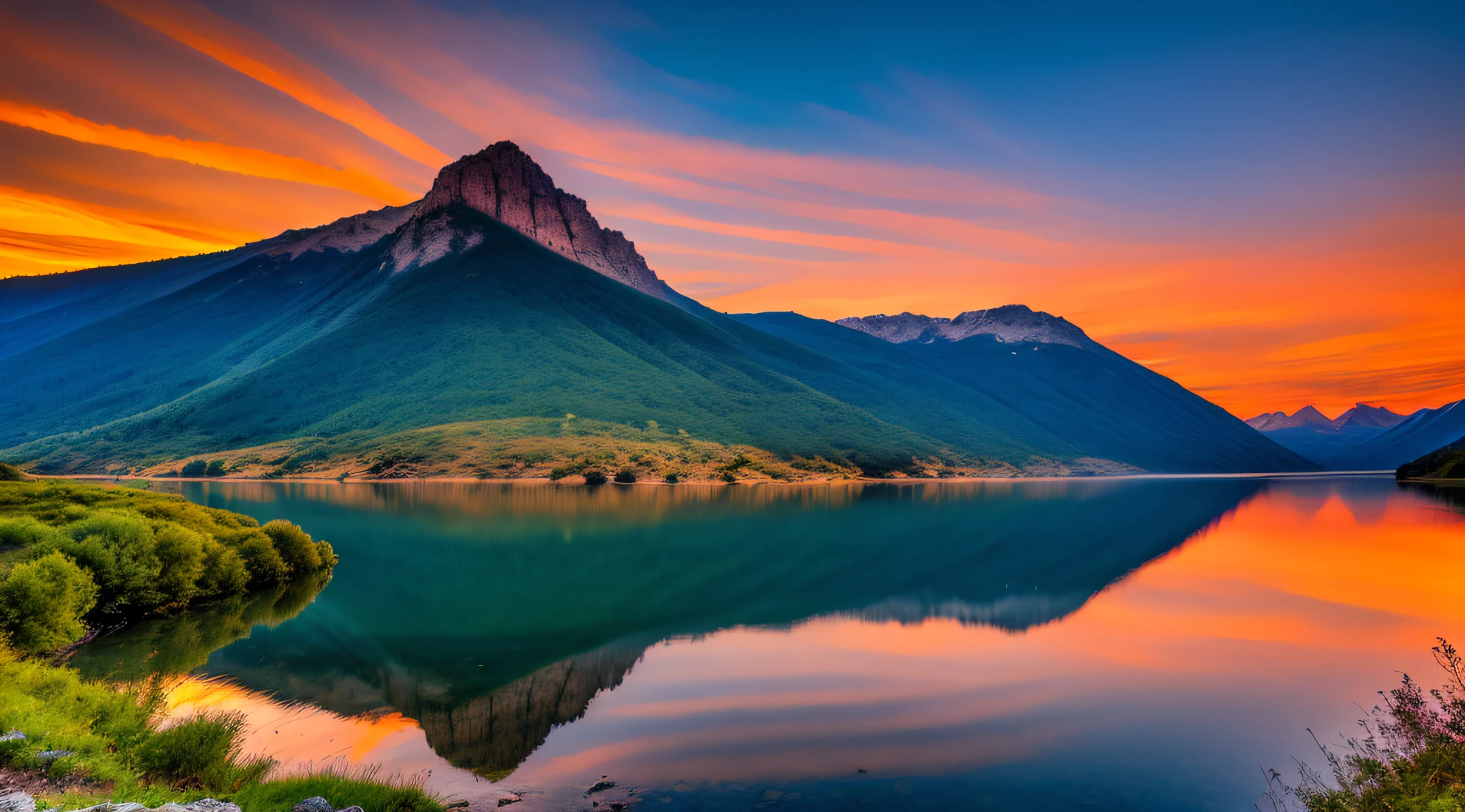 sunset on mountain, lake under montain