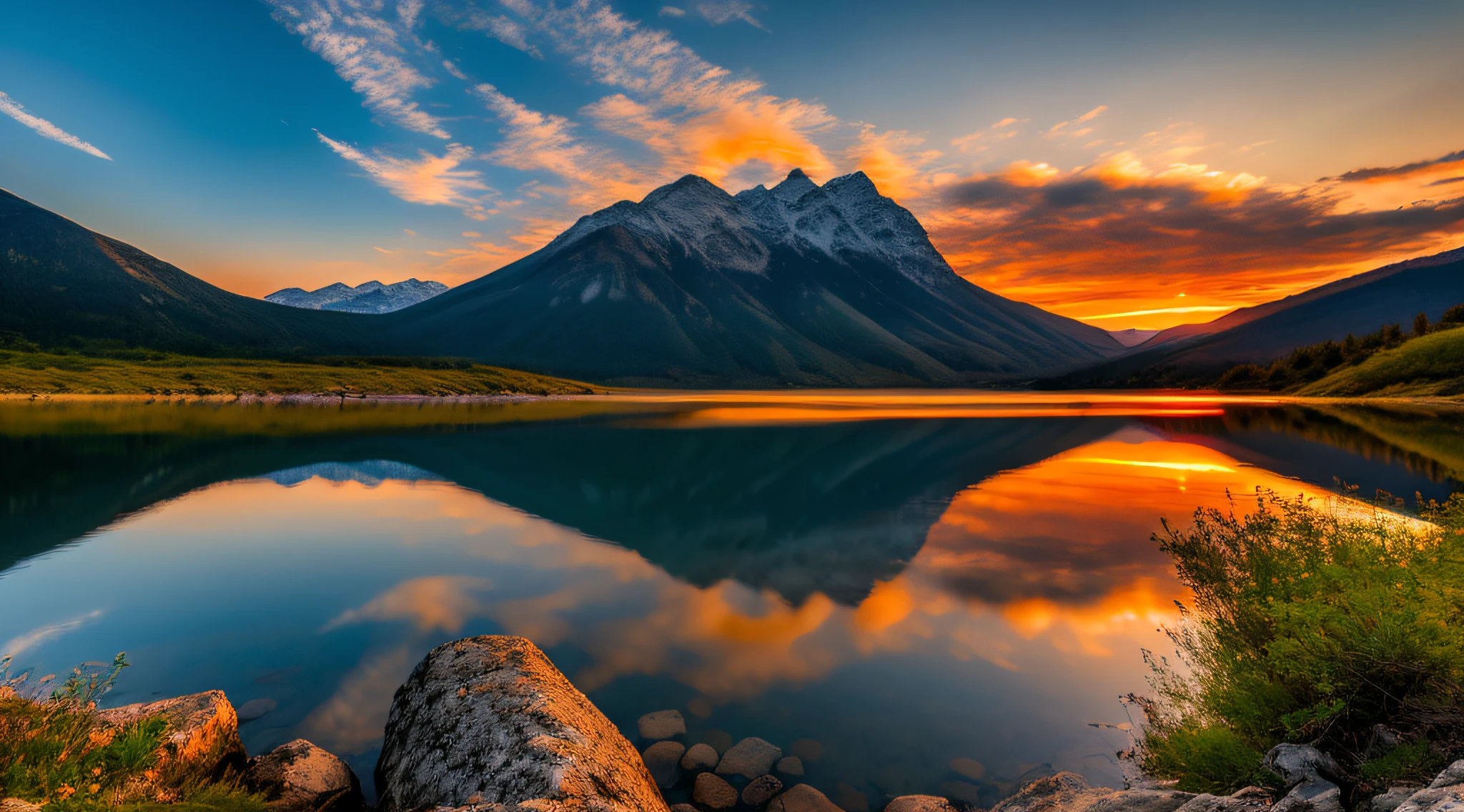 sunset on mountain, lake under montain