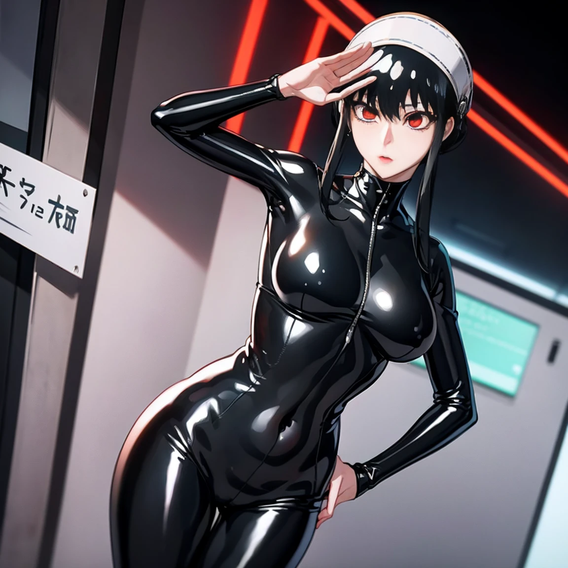 {1 woman},{{{{{masutepiece++, Best Quality++, Ultra-detailed+, 超A high resolution,(Photorealistic:1.4)Cowboy Shot,Yol Forger, (spy x family)Raw photo,(Yol Forger)+,(Yol Forger)+, (spy x family),Black hair, deadpan, Black hair, Red Eyes ,鎖骨, side locks, white hairband, earrings, Short hair((Girl in black latex full body suit 1.6)),very aesthetic, Best Quality, absurderes, 1girl in, Brainwashed,}}}} (eyes glowing red :1.4)), ((Colossal tits:1.1)), The shape of is clearly visible、(The shape of the pubic area is clearly visible)) Cyberpunk, Dark Lab, dim room, (Night:1.5), (Stand up and raise your right arm in salute, Left hand on hip)