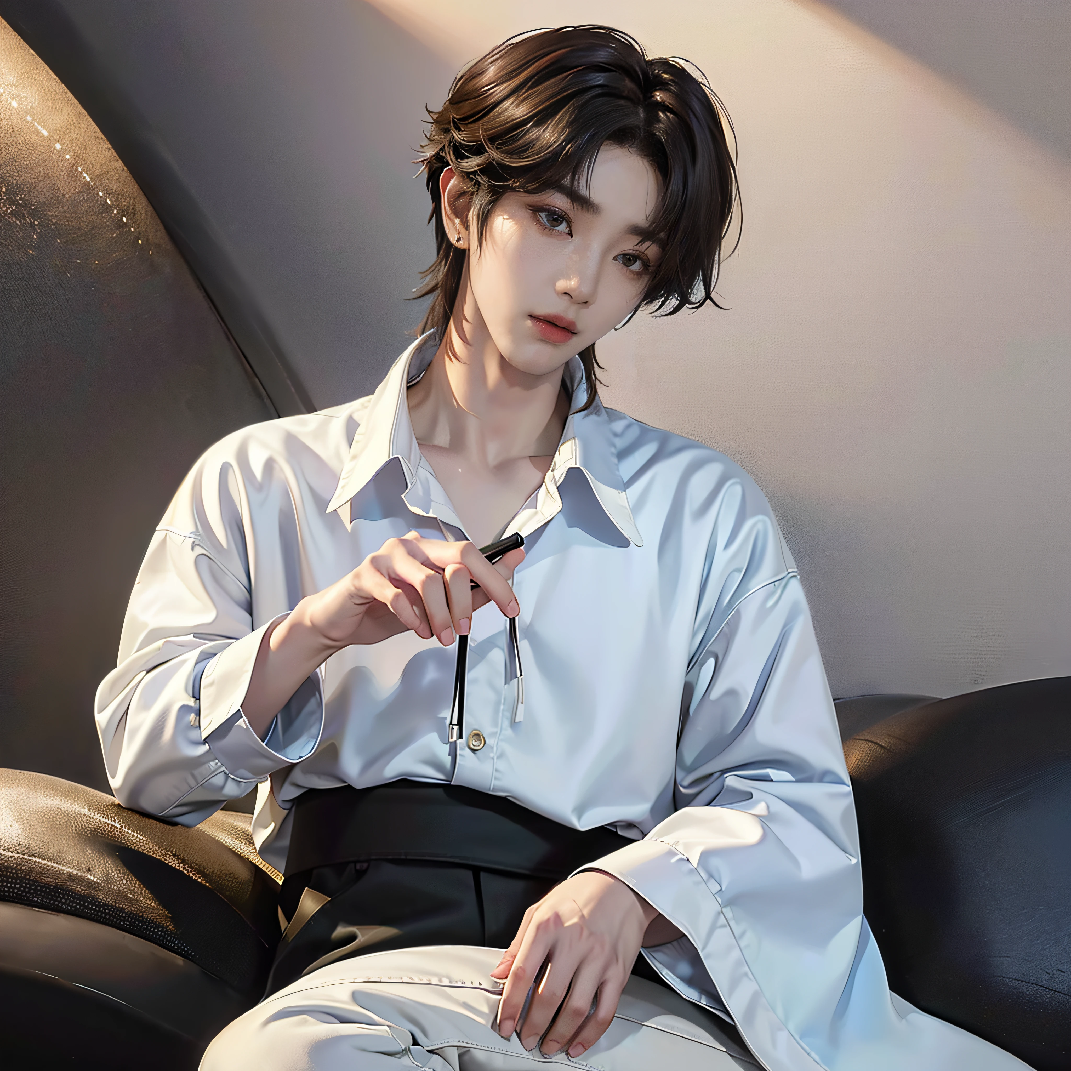 masterpiece、(top-quality)、((high-level image quality))、One Manly Boy、Slim body、((White Y-shirt and long black pants))、(Detailed beautiful eyes)、nightcity、sitting on a curb、Face similar to Chaewon in Ruseraphim、((short hair above the ears))、((Smaller face))、((Neutral face))、((Light brown eyes))、((Korean boy))、((18year old))、((Handsome man))、((Wild look))、((Korean Makeup))、((elongated and sharp eyes))、((Sit in front of the viewer))、((Photograph him from afar))、Professional Photos