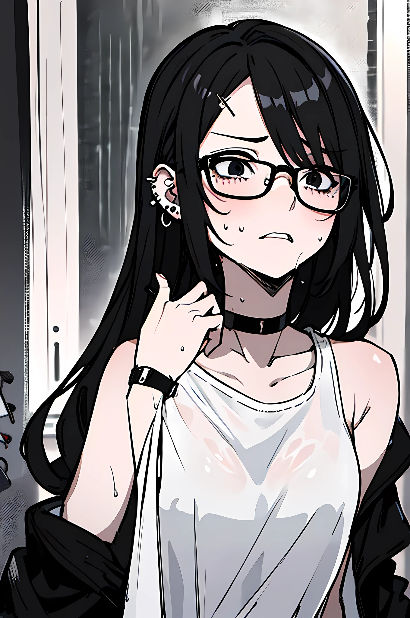 (masterpiece), best quality, expressive eyes, highres, anatomically correct, 1girl, perfect face, perfect hands, female, pale, glasses, messy hair, black hair, very long hair, black eyes, glasses, weak, tired, small breasts, graphic t-shirt, gothic, emo, goth, exposed left shoulder, piercings, ear piercings, lip piercings, fatigue, eye-bags, sore, blank eyes, expressionless, weak, crazy face, crazy eyes, swept bangs, choker, standing, freaked out, shocked, nervous, stressed, sweating, black hair, black eyes, wet shirt, black jacket,