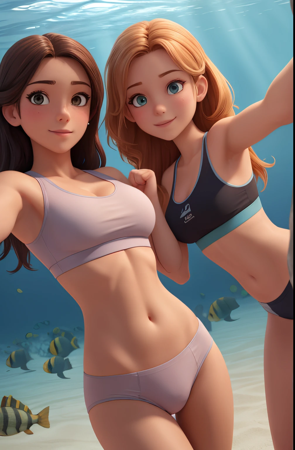 3 girls , sports bra and tight panties, underwater , small breasts random hair styles, beautiful, perfect skin, 8k resolution, perfect lighting, perfect face, perfect shading, extreme detail, shining, tanned skin, bright lighting, taking selfie,