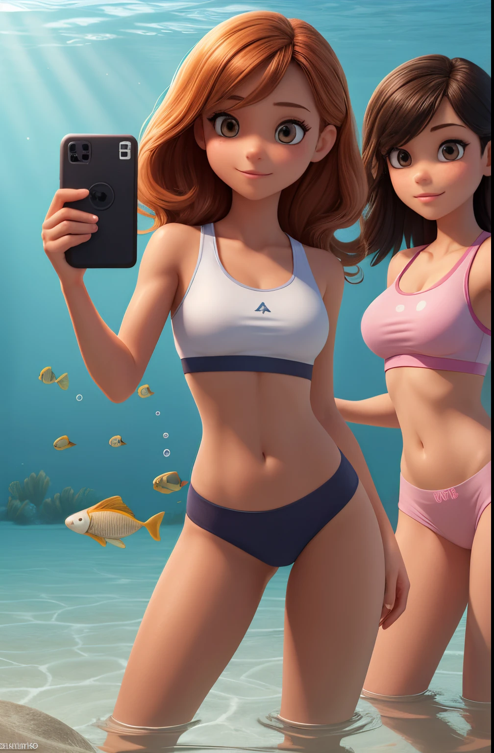 3 girls , sports bra and tight panties, underwater , small breasts random hair styles, beautiful, perfect skin, 8k resolution, perfect lighting, perfect face, perfect shading, extreme detail, shining, tanned skin, bright lighting, taking selfie,