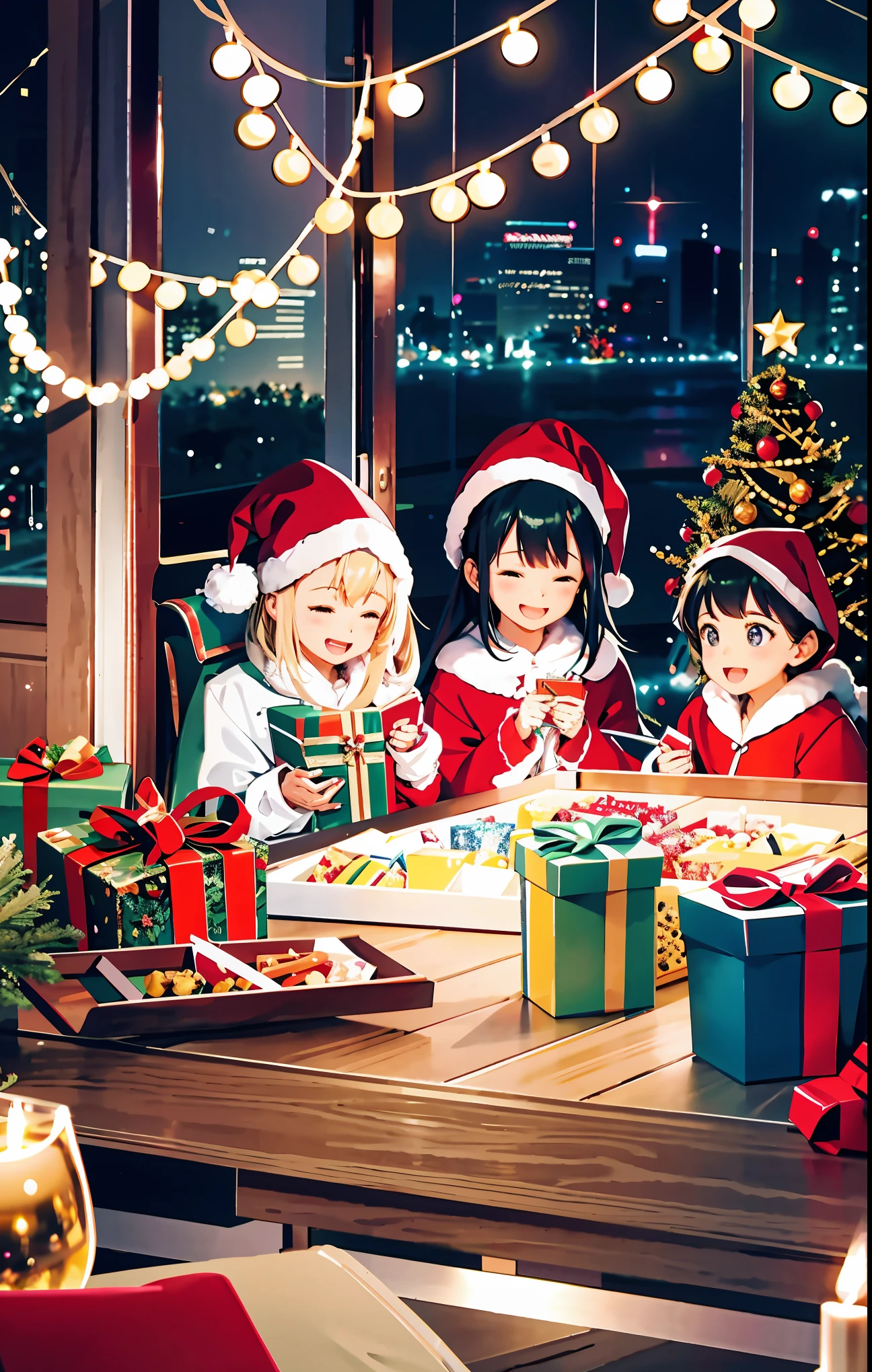 (best quality,4k,8k,highres,masterpiece:1.2),ultra-detailed,realistic,gifts,table,Christmas tree,decorations,wrapping ,bows,ribbon,presents,holiday spirit,vibrant colors,warm lighting,cozy atmosphere,toys,cards,candles,snowflakes,joyful,celebration,exquisite details,exciting surprises,shiny ornaments,sparkling tinsel,beautifully wrapped,excited children,anticipation,festive mood,magical ambiance,delightful moment,wonderful memories,family gathering,cheerful faces,Christmas magic,extravagant,abundance of presents,HDR,UHD,studio lighting,ultra-fine painting,sharp focus,physically-based rendering,professional,vivid colors,bokeh.