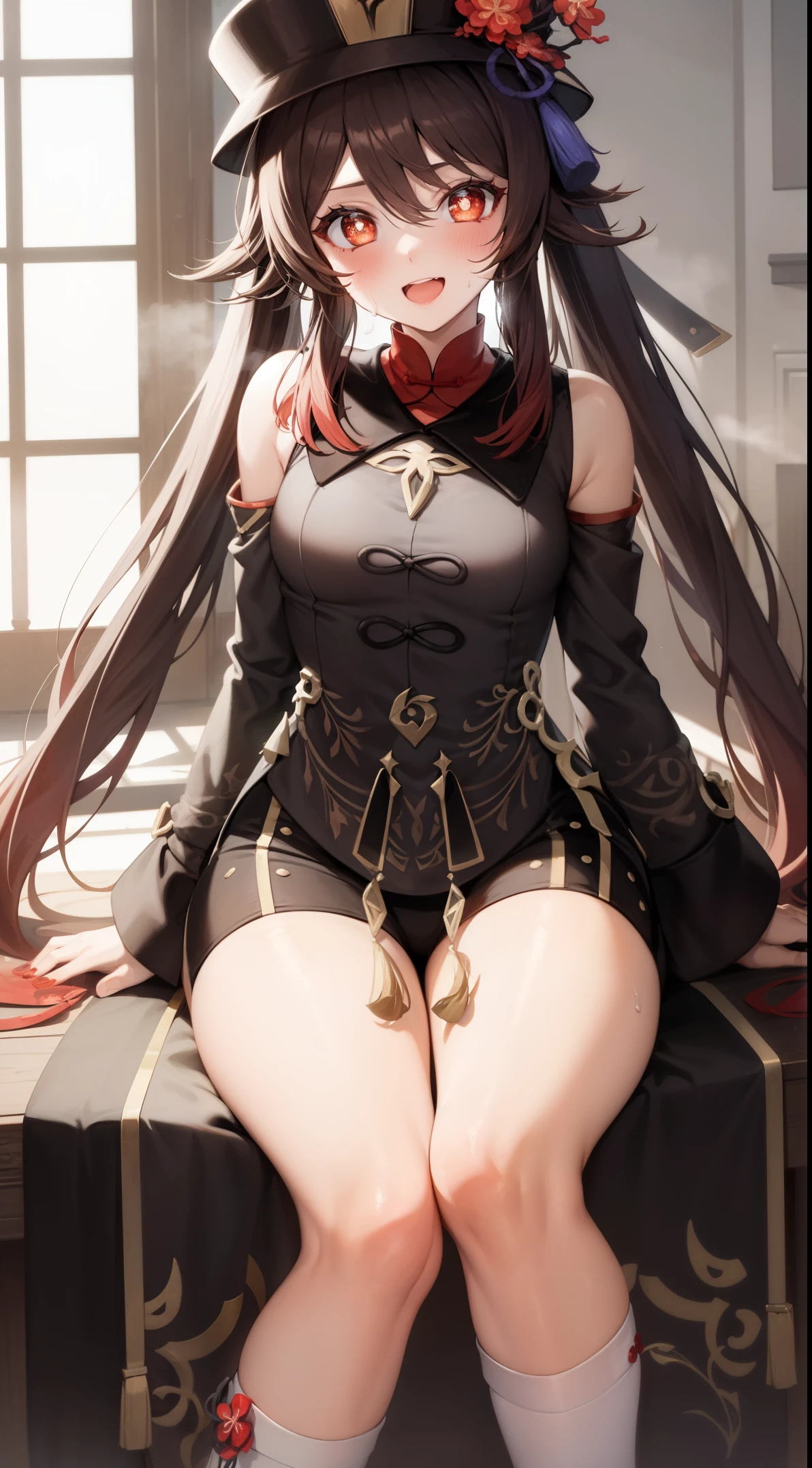 1girl in,Hu Tao,Evil smile,Half-closed eyes,Heart-shaped pupil,blush,Open mouth,yandere,Sweating,Heavy breathing,steam,Sitting,thighs thighs thighs thighs,thighs focus, Spread thighs,Small breasts,From below,legs focus,hotpants,hat,red flower in the hat,Small breasts,From below,Feet,Bare legged,feet focus,sole of feet,(5 toes 1.5),Mansuji,detaileds,Top image quality,shiny thighs