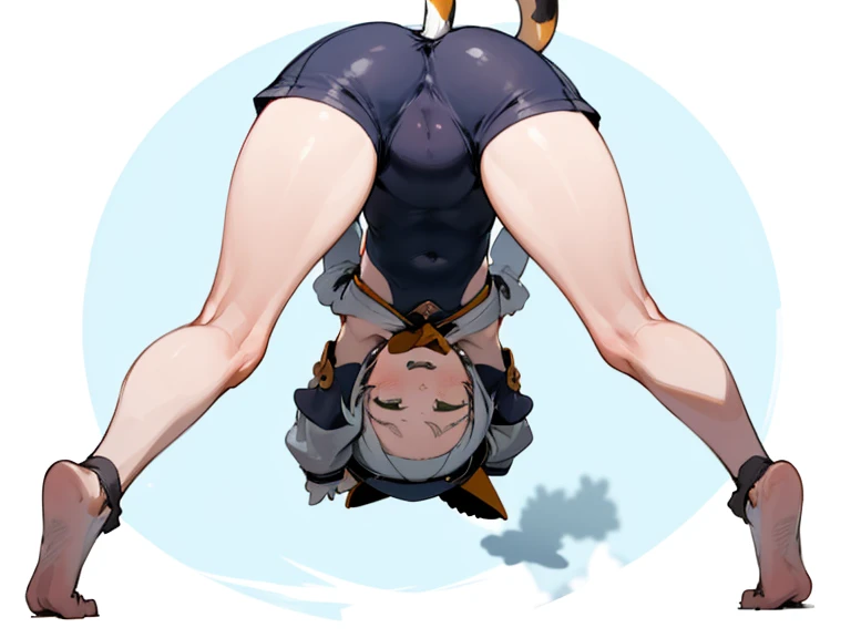 bending over, dynamic pose, upsidedown, upside down, distorted pose, bend over posture, nude, catgirl, , smiling, loli, outside, tail, detached sleeves, hat, on hands and knees, solo, butt in air, head down, looking back between legs, facing away, from behind