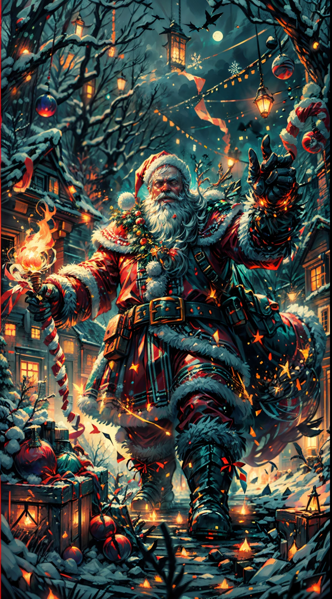 Full body,(a detailed artwork), Santa Claus as boss of game Dark Souls in the Christmas DLC, detailed eyes of Santa Claus, detailed lips of Santa Claus, extremely detailed face and beard, long white beard, muscular body of Santa Claus, wearing gold armor, holding a giant candy cane as a weapon, surrounded by a dark and gloomy environment with glowing Christmas lights, intense boss fight with fiery effects and explosions, high-resolution image (4k, 8k), HDR lighting, realistic portrayal, vibrant colors, atmospheric and ominous feel, intense action-packed scene.