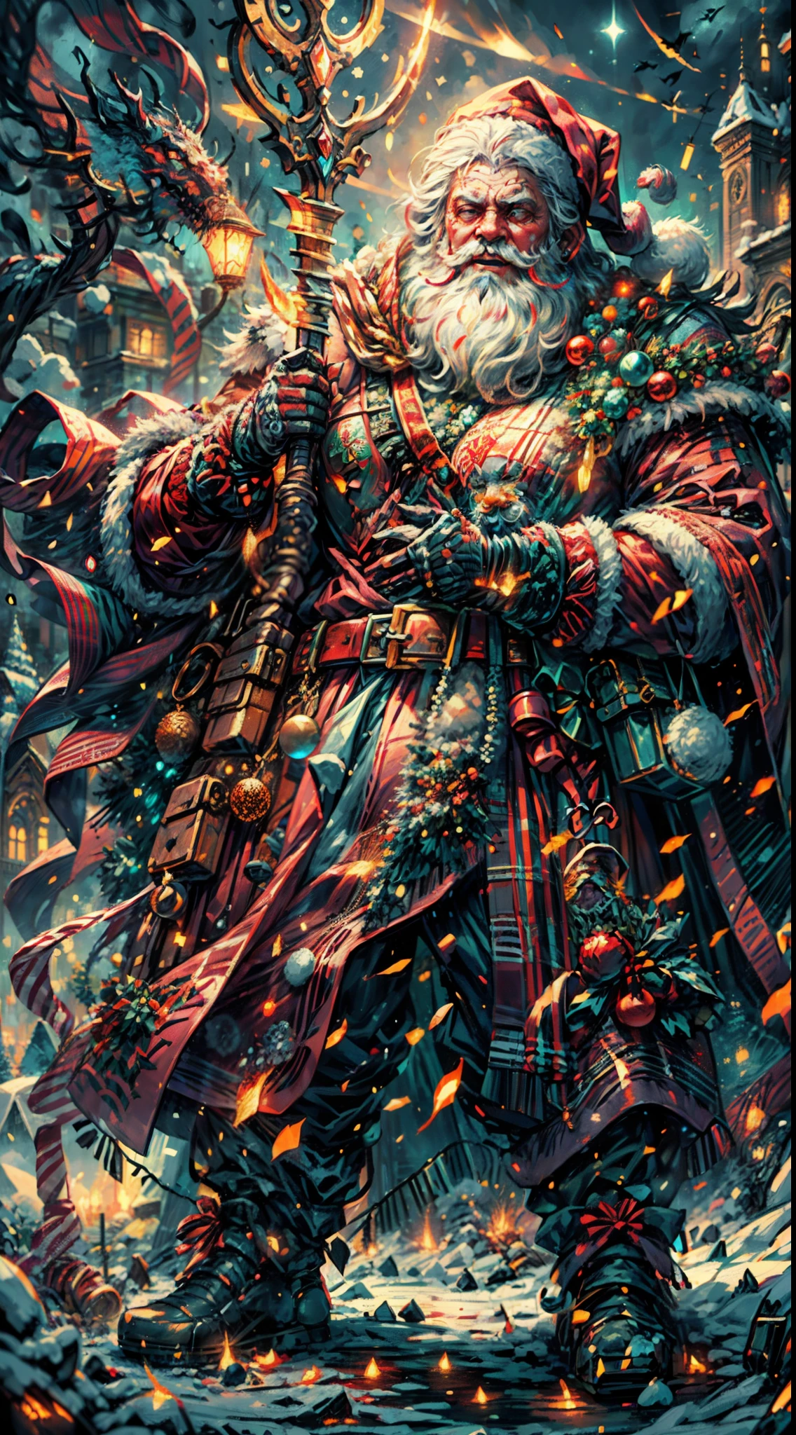 Full body,(a detailed artwork), Santa Claus as boss of game Dark Souls in the Christmas DLC, detailed eyes of Santa Claus, detailed lips of Santa Claus, extremely detailed face and beard, long white beard, muscular body of Santa Claus, wearing gold armor, holding a giant candy cane as a weapon, surrounded by a dark and gloomy environment with glowing Christmas lights, intense boss fight with fiery effects and explosions, high-resolution image (4k, 8k), HDR lighting, realistic portrayal, vibrant colors, atmospheric and ominous feel, intense action-packed scene.