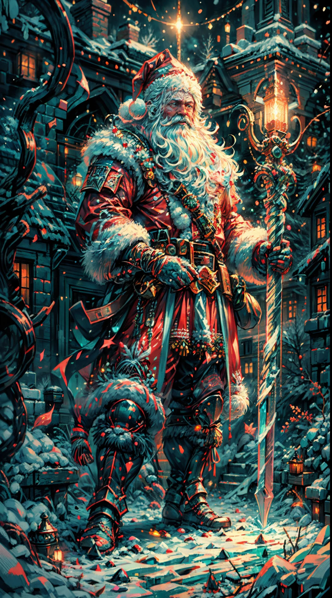 Santa Claus as the boss of the game "Dark Souls" in the Christmas DLC,best quality,4k,8k,highres,masterpiece:1.2,ultra-detailed,realistic:1.37,[HDR],[UHD],[studio lighting],extremely detailed face,beautiful detailed eyes,beautiful detailed lips,long eyelashes,[physically-based rendering],powerful physique,wearing a red and white armor suit with intricate designs,[imposing presence],holding a mighty candy cane [greatsword],surrounded by a snowy landscape,with large icicles hanging from the environment,casting a golden aura,[epic battle scene],intense fire and smoke effects,[vivid colorokeh],blue and white color scheme with hints of gold, dramatic lighting with warm highlights and cool shadows.