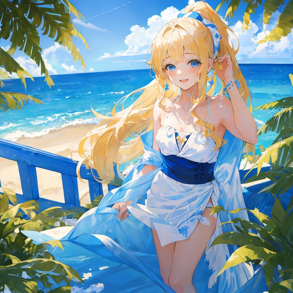 happy,(((masterpiece))),best quality,Beach,((blue sky)),(standing:1.3),from above,(beautiful detailed girl),long hair,swept bangs,blond hair, (1 girl),hand in own hair,looking up,white Sarong pass,white bandeau bikini,ponytail