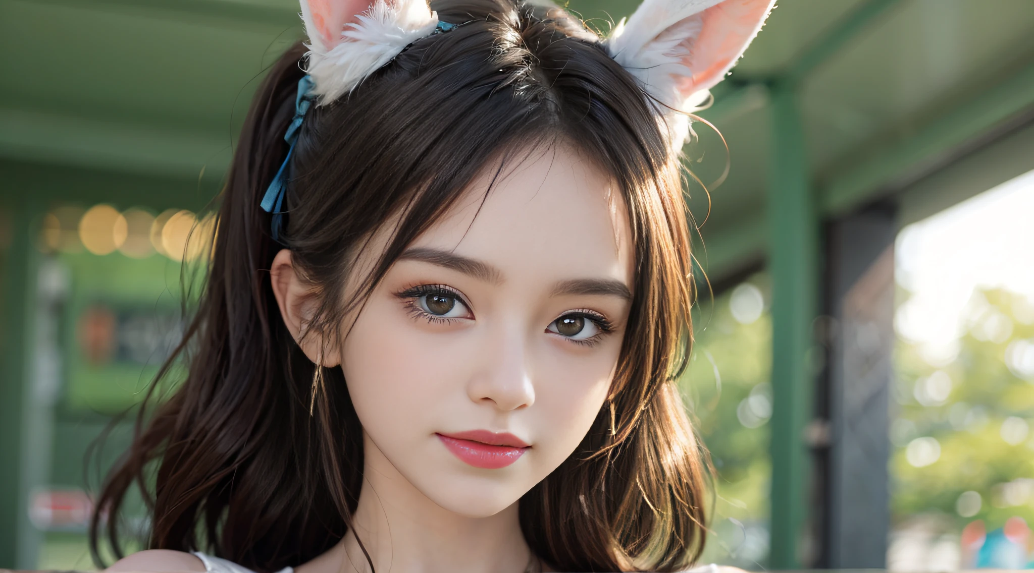 girl,(Wearing rabbits),smiling and looking into the camera,(black hair color hair),(Have a good figure),with fair skin,Cute ultra-clear pictures,(Dita),Hands are normal,(Real human photos)shine,8K,Ultra-clear image quality,Black Rabbit,With rabbit ear hairpins