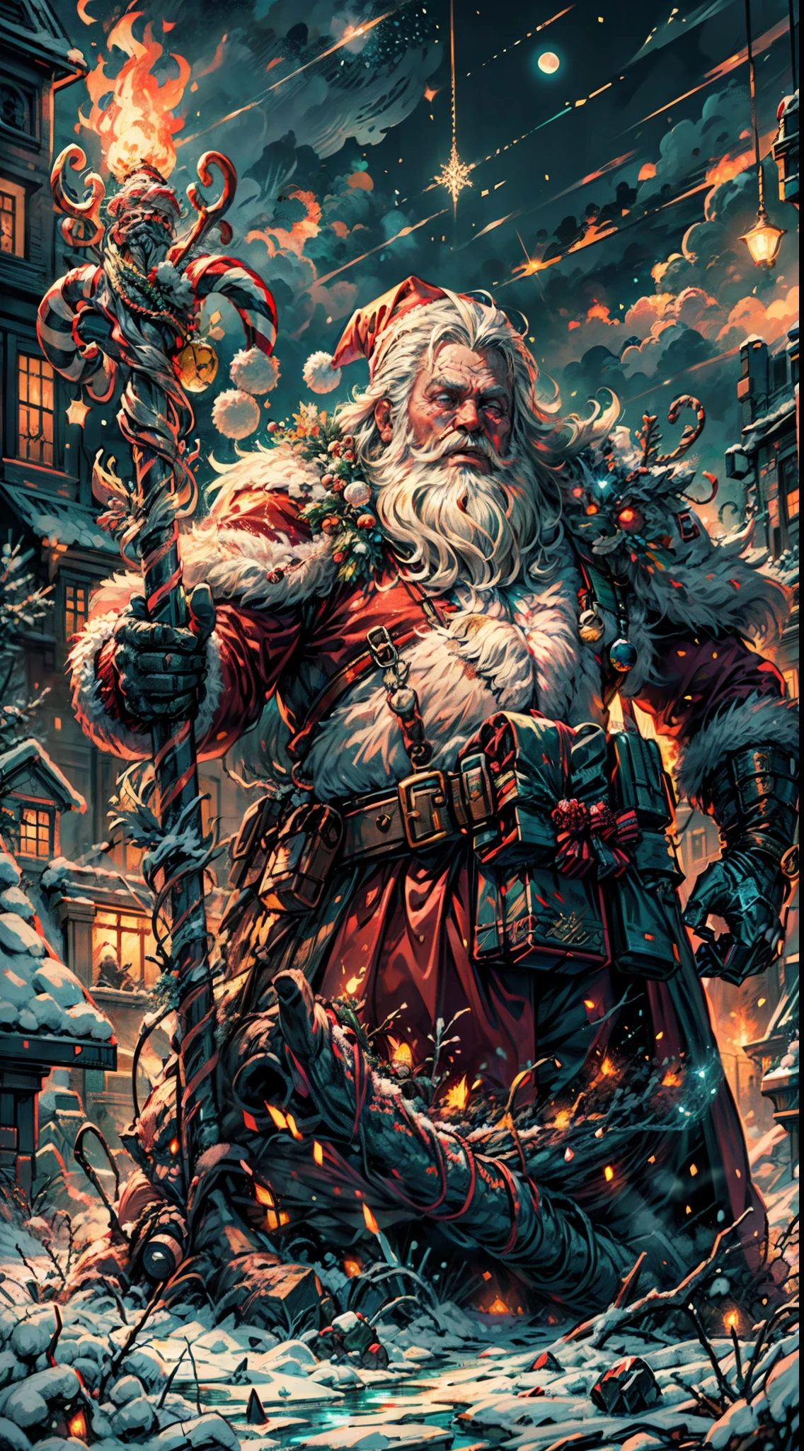 Full body,(a detailed artwork), Santa Claus as boss of game Dark Souls in the Christmas DLC, detailed eyes of Santa Claus, detailed lips of Santa Claus, extremely detailed face and beard, long white beard, muscular body of Santa Claus, wearing gold armor, holding a giant candy cane as a weapon, surrounded by a dark and gloomy environment with glowing Christmas lights, intense boss fight with fiery effects and explosions, high-resolution image (4k, 8k), HDR lighting, realistic portrayal, vibrant colors, atmospheric and ominous feel, intense action-packed scene.