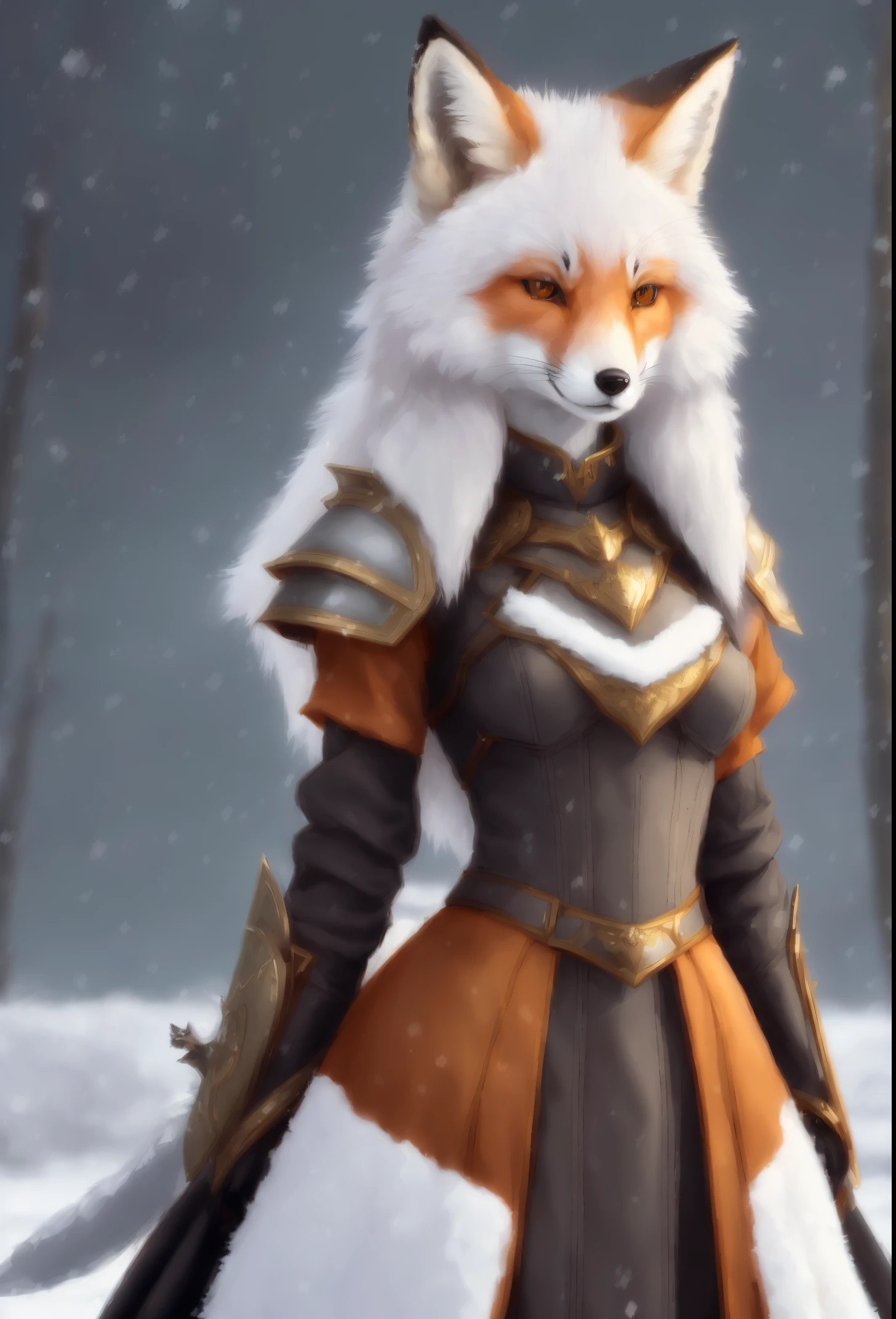 a fox with a sword stands in the snow, a beautiful fox lady, portrait of an anthro fox, art of silverfox, an anthro fox, furry fantasy art, very very beautiful furry art, anthro art, female fox, an anthropomorphic fox, an anthropomorphic fox, Armor dress, Inspired by Kitsune, fox girl