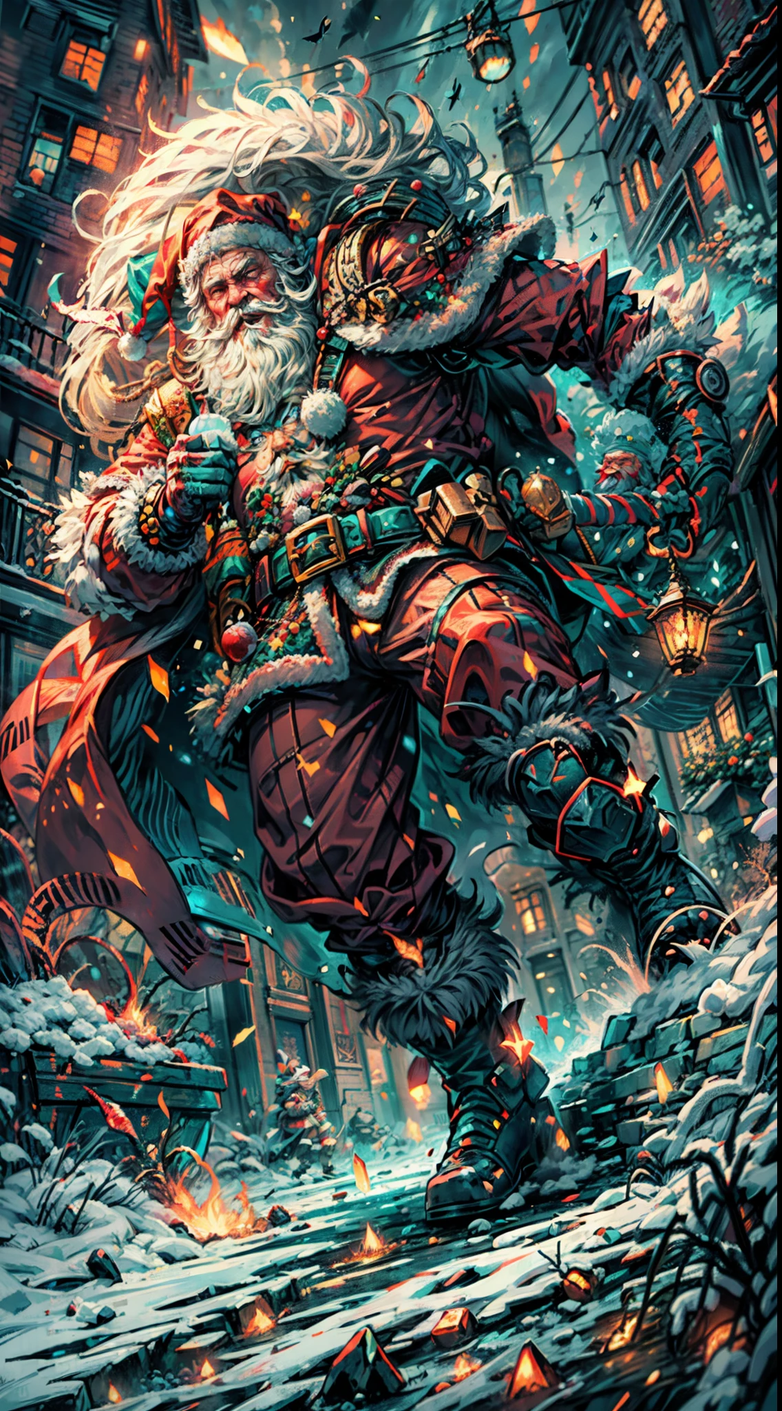 Full body,(a detailed artwork), Santa Claus as boss of game Dark Souls in the Christmas DLC, detailed eyes of Santa Claus, detailed lips of Santa Claus, extremely detailed face and beard, long white beard, muscular body of Santa Claus, wearing gold armor, holding a giant candy cane as a weapon, surrounded by a dark and gloomy environment with glowing Christmas lights, intense boss fight with fiery effects and explosions, high-resolution image (4k, 8k), HDR lighting, realistic portrayal, vibrant colors, atmospheric and ominous feel, intense action-packed scene.