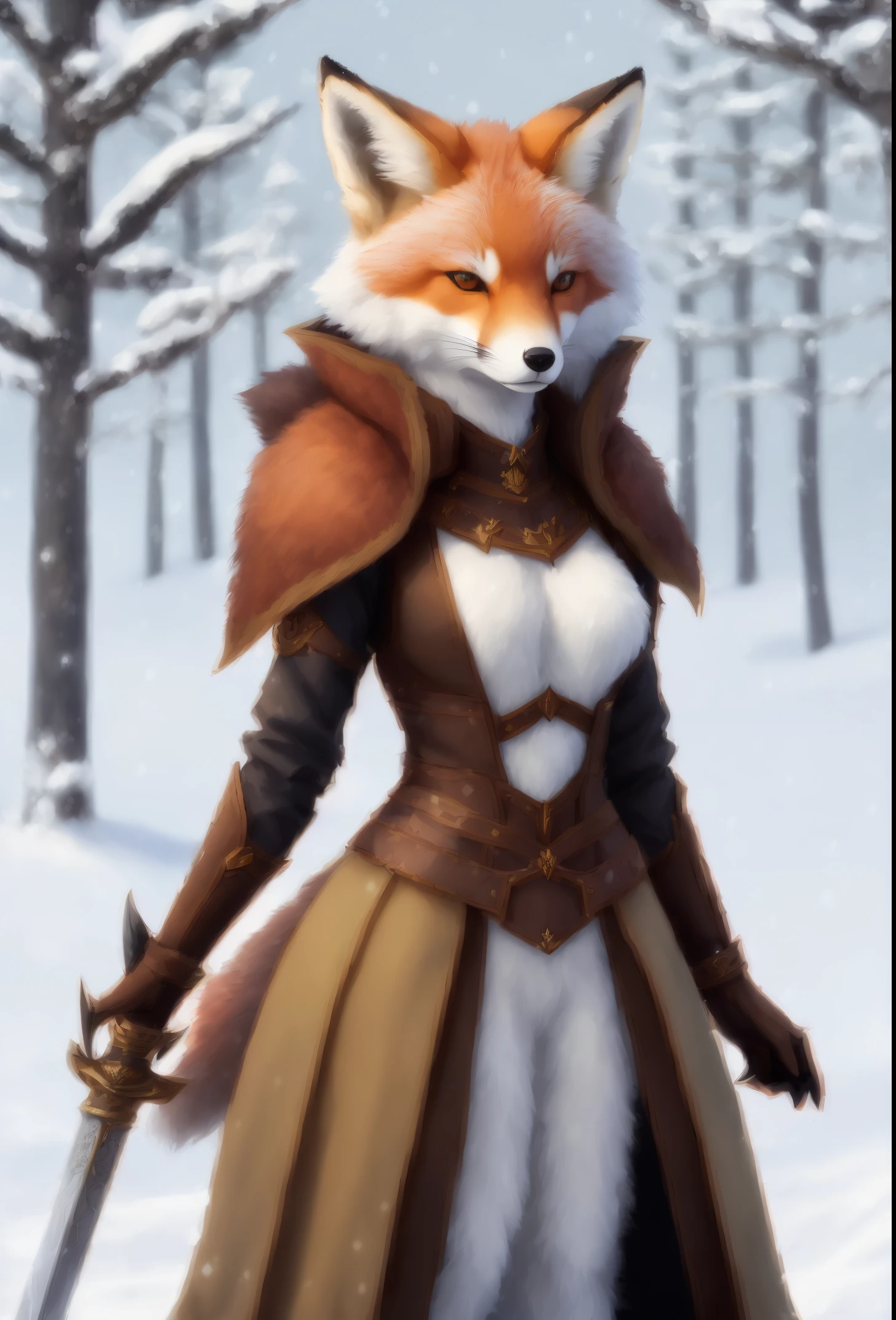 a fox with a sword stands in the snow, a beautiful fox lady, portrait of an anthro fox, art of silverfox, an anthro fox, furry fantasy art, very very beautiful furry art, anthro art, female fox, an anthropomorphic fox, an anthropomorphic fox, Armor dress, Inspired by Kitsune, fox girl