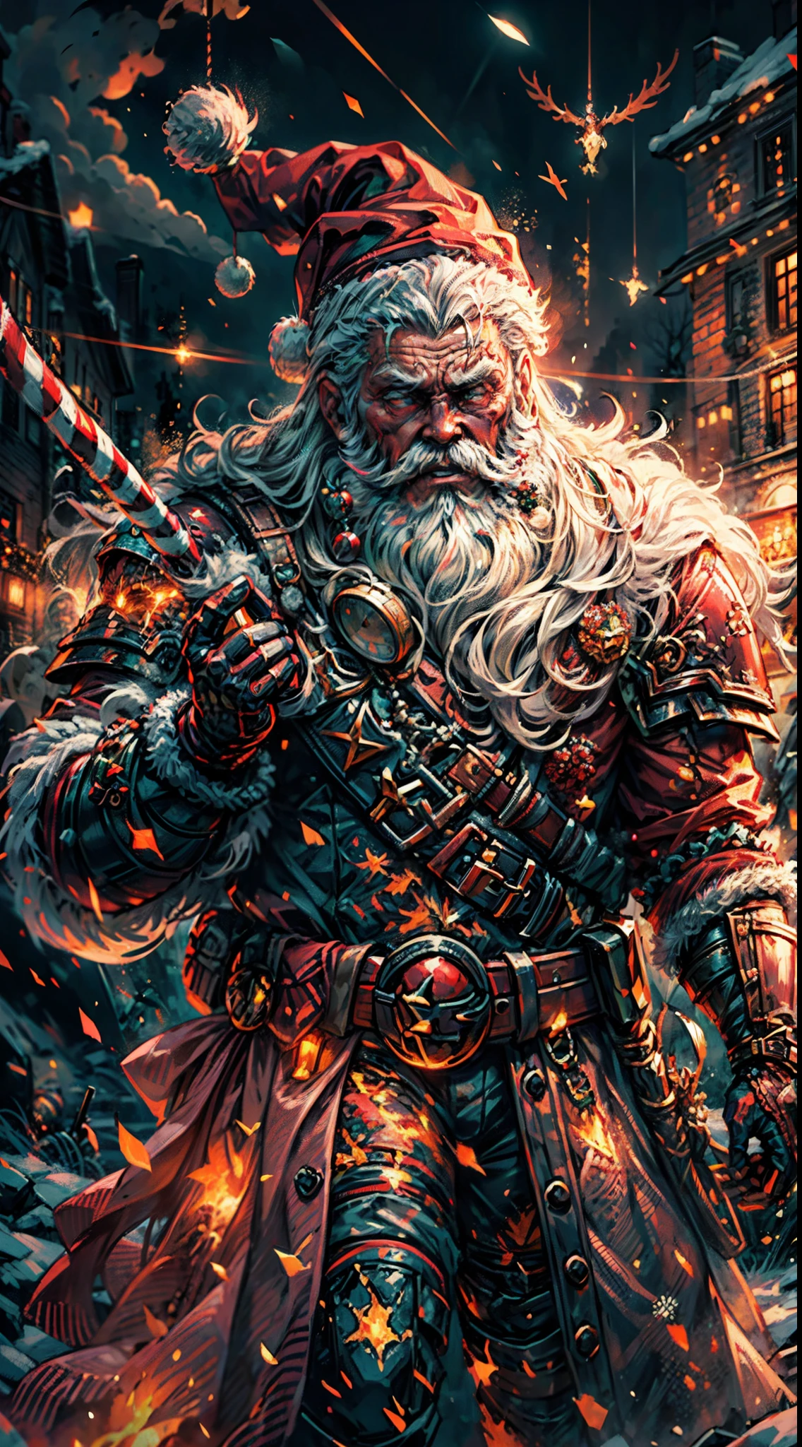 Full body,(a detailed artwork), Santa Claus as boss of game Dark Souls in the Christmas DLC, detailed eyes of Santa Claus, detailed lips of Santa Claus, extremely detailed face and beard, long white beard, muscular body of Santa Claus, wearing gold armor, holding a giant candy cane as a weapon, surrounded by a dark and gloomy environment with glowing Christmas lights, intense boss fight with fiery effects and explosions, high-resolution image (4k, 8k), HDR lighting, realistic portrayal, vibrant colors, atmospheric and ominous feel, intense action-packed scene.