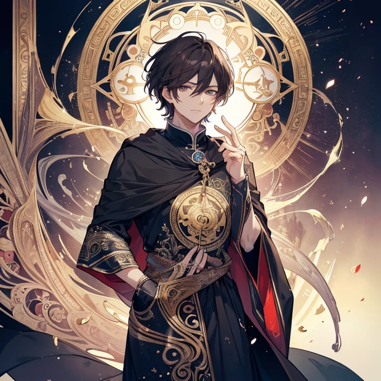 (hoang lap, A high resolution, 超詳細), 1男性, 黑The eye, Brown hair, Scholarly temperament, All black formal wear, Victorian clothes, Black cloak, (Cold beauty: 1.2), Cat-like temperament, , Handsome, Skinny man, a broad shouldered, Delicate eyes and delicate face, Fool Aroteca, , jocker, symbol, visual art, mystical, universal, Visual projection, Philosophy, Iconography, Numerology, pop inspo, Artistically, Alfonse Mucha