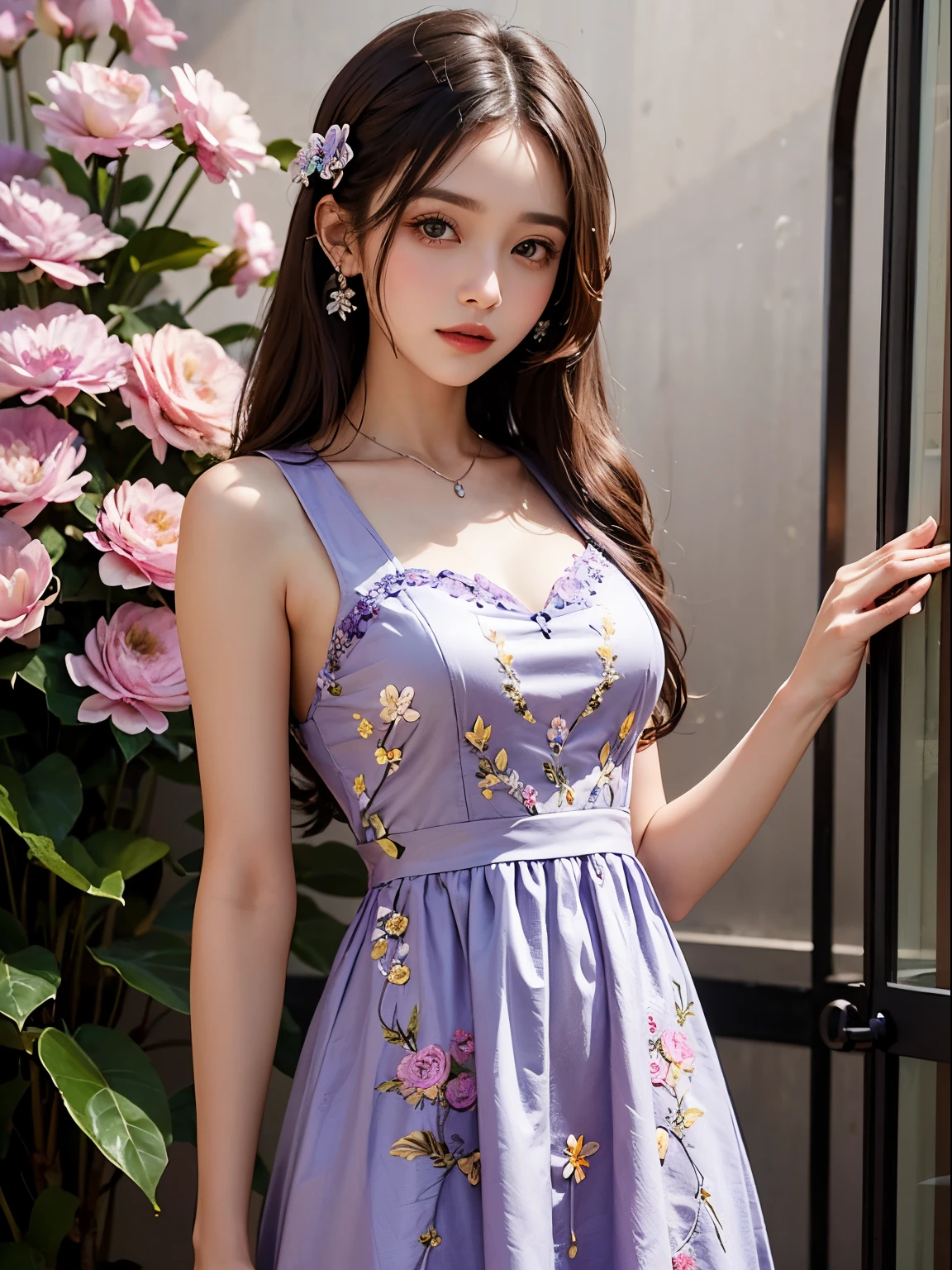 A beautiful woman wearing a dress decorated with beautiful floral embroidery, (light purple dress), Her dress is embroidered with beautiful flowers.