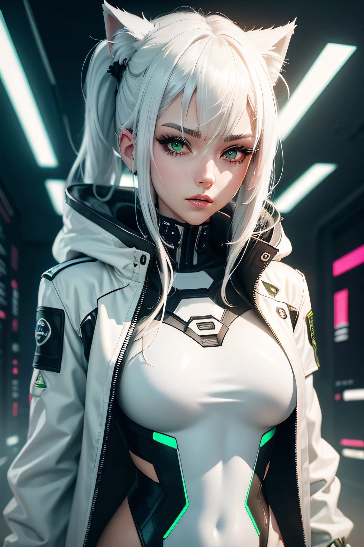 neko girl white hair, green eyes, cyberpunk background, jacket, white cyber bodysuit ((white background))
