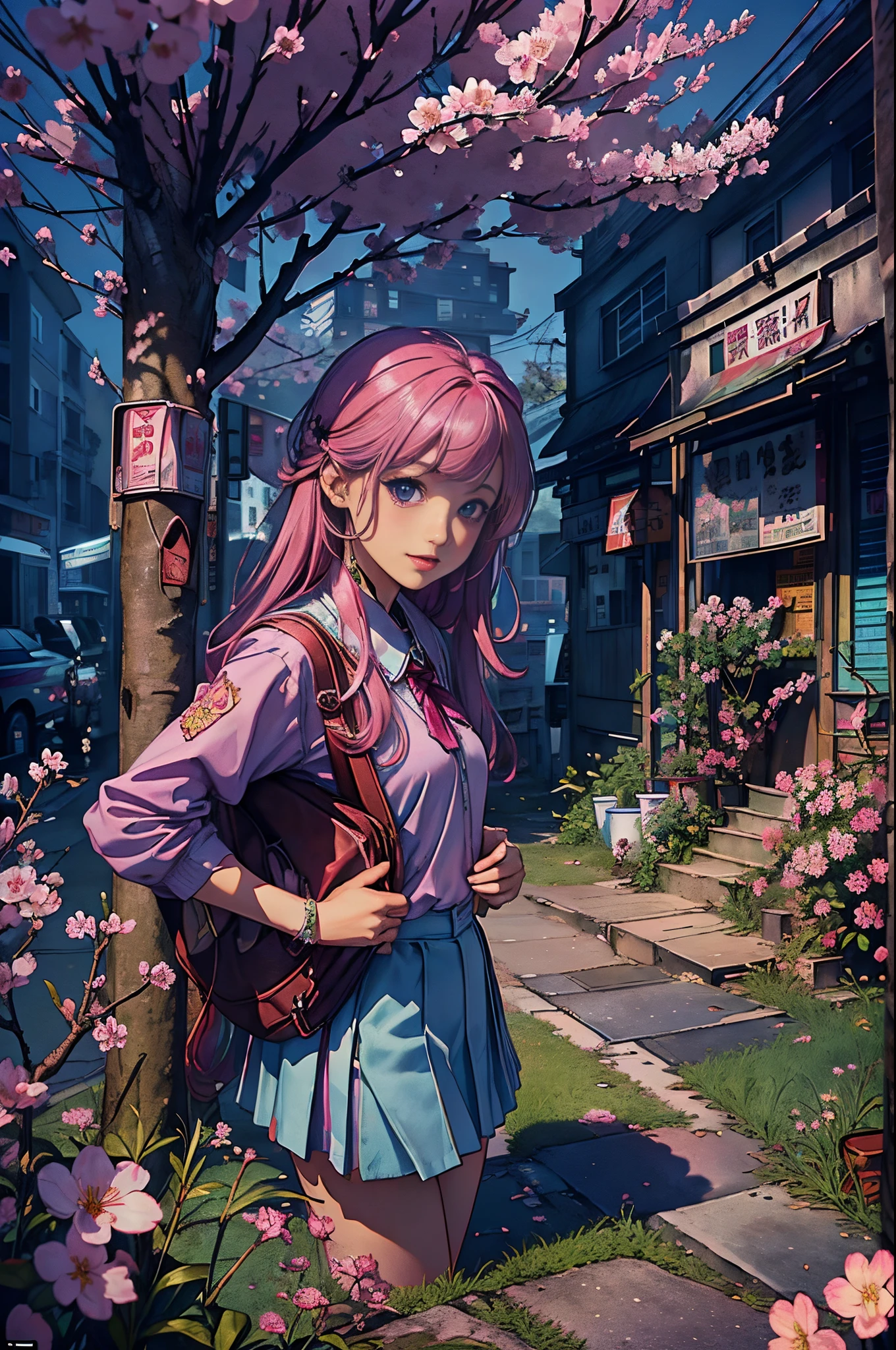 magenta tint、vibrant with colors、((tmasterpiece)))、(((quality)))、((ultra - detailed))、(Surreal)、(Very detailed CG illustration)、offcial art、CD cover、It will be、midsummer、The glorious 1980s、1 rapariga,Cool beauty、ssmile,cochetti gorgeous、incomparable beauty、Hair color、Rock music、student uniform、Superskirt、perfect angle、Perfectcomposition、(natta,Cherry blossom tree,Corner store,Caiyun),