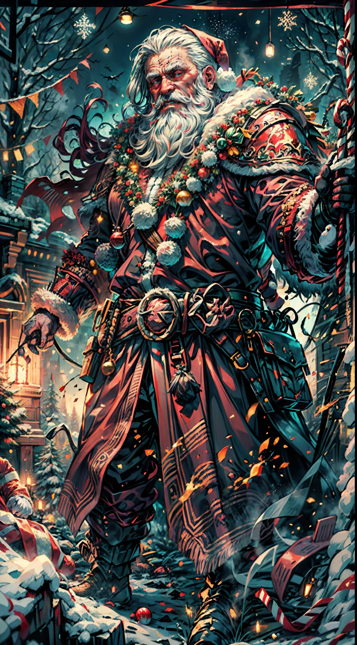 Full body,(a detailed artwork), Santa Claus as boss of game Dark Souls in the Christmas DLC, detailed eyes of Santa Claus, detailed lips of Santa Claus, extremely detailed face and beard, long white beard, muscular body of Santa Claus, wearing gold armor, holding a giant candy cane as a weapon, surrounded by a dark and gloomy environment with glowing Christmas lights, intense boss fight with fiery effects and explosions, high-resolution image (4k, 8k), HDR lighting, realistic portrayal, vibrant colors, atmospheric and ominous feel, intense action-packed scene.