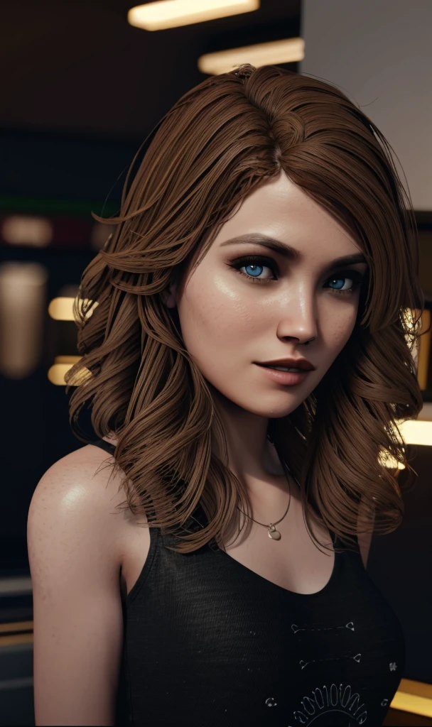 portrait, closeup of eyes, Katedbdl2023, black tank top, 1girl, 8k, uhd, trending on arstation, best quality, masterpiece, wavy hair, skin pores, modelshoot, cinematic lighting, dramatic scene, face portrait, headshot, photorealistic, long hair