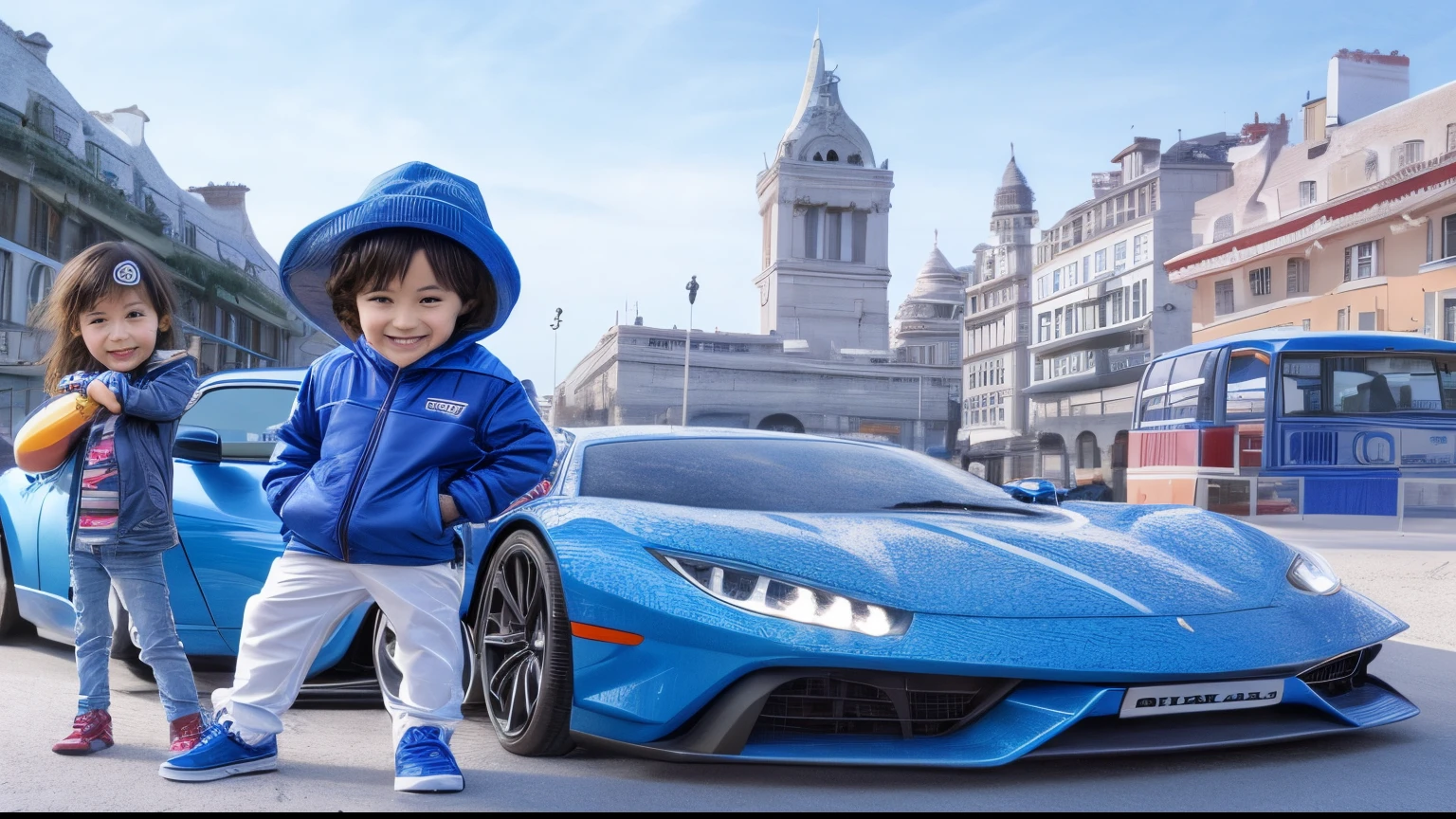 arafed image of two children standing next to a blue sports car, reality