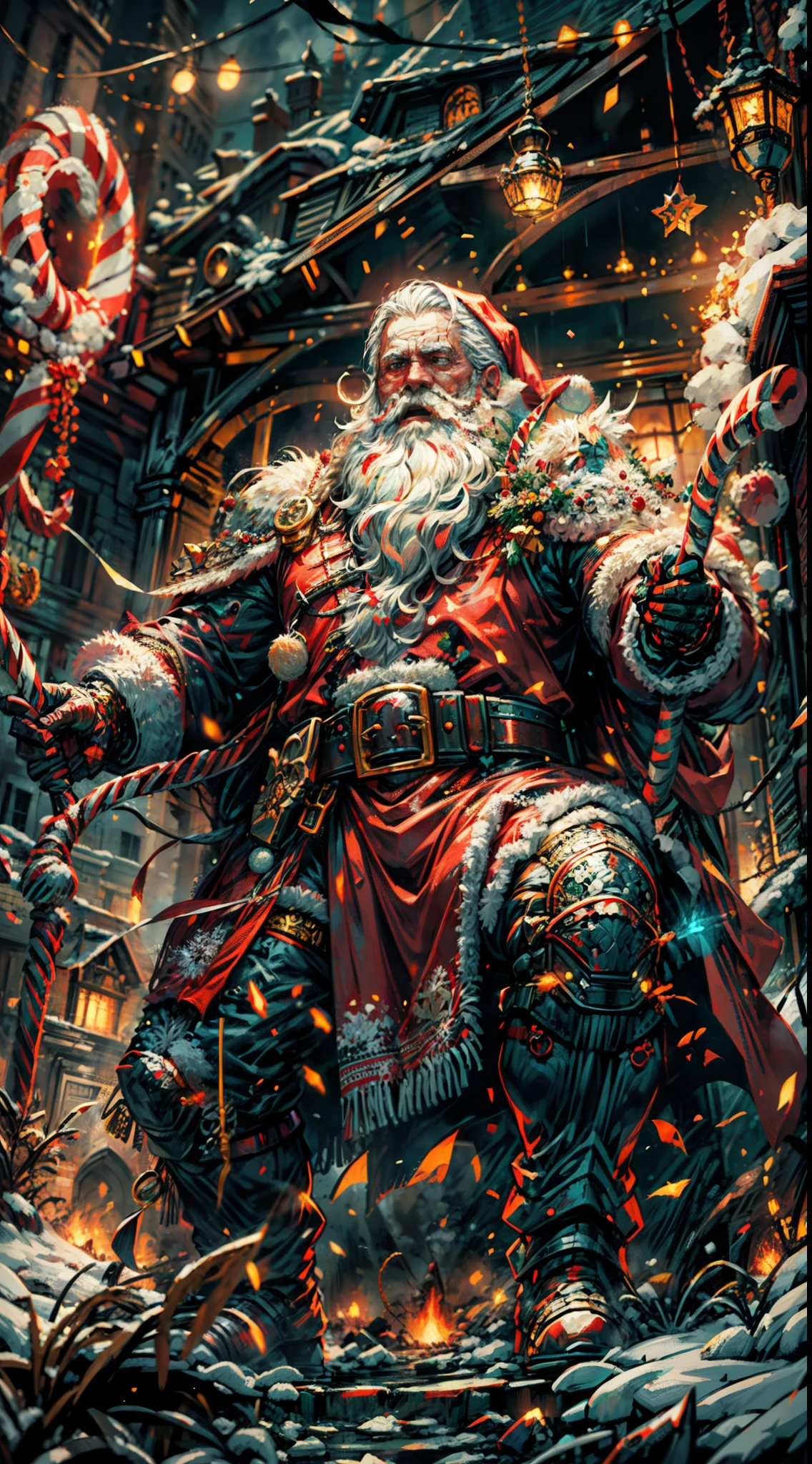 Full body,(a detailed artwork), Santa Claus as boss of game Dark Souls in the Christmas DLC, detailed eyes of Santa Claus, detailed lips of Santa Claus, extremely detailed face and beard, long white beard, muscular body of Santa Claus, wearing gold armor, holding a giant candy cane as a weapon, surrounded by a dark and gloomy environment with glowing Christmas lights, intense boss fight with fiery effects and explosions, high-resolution image (4k, 8k), HDR lighting, realistic portrayal, vibrant colors, atmospheric and ominous feel, intense action-packed scene.