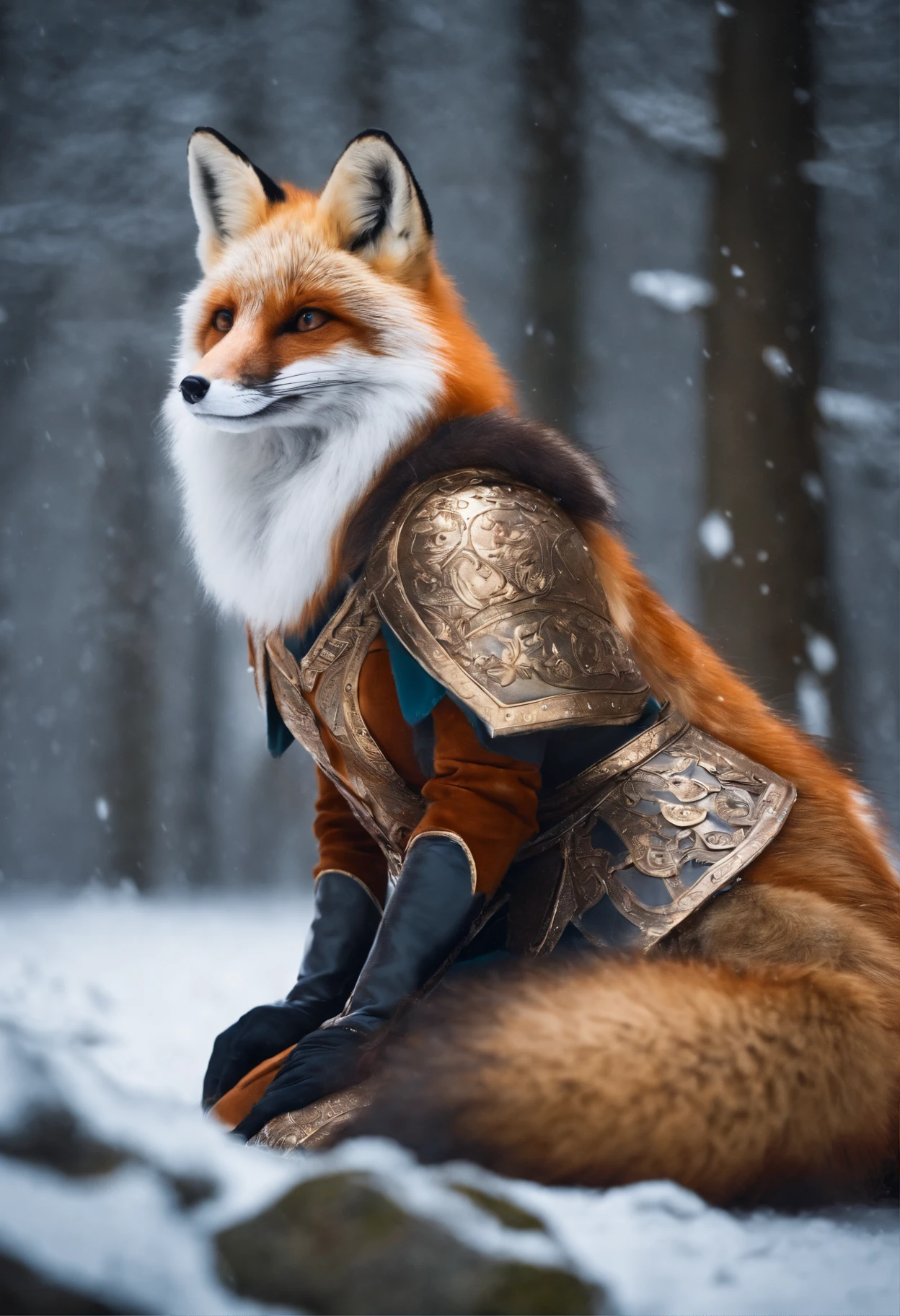 woman in a fox costume in a snowy forest, Armor dress, Inspired by Kitsune, a beautiful fox lady, fur armor, wearing intricate fur armor, Wearing fur armor, an anthro fox, female fox, an anthropomorphic fox, an anthropomorphic fox, portrait of an anthro fox, very very beautiful furry art, fantasy fox love