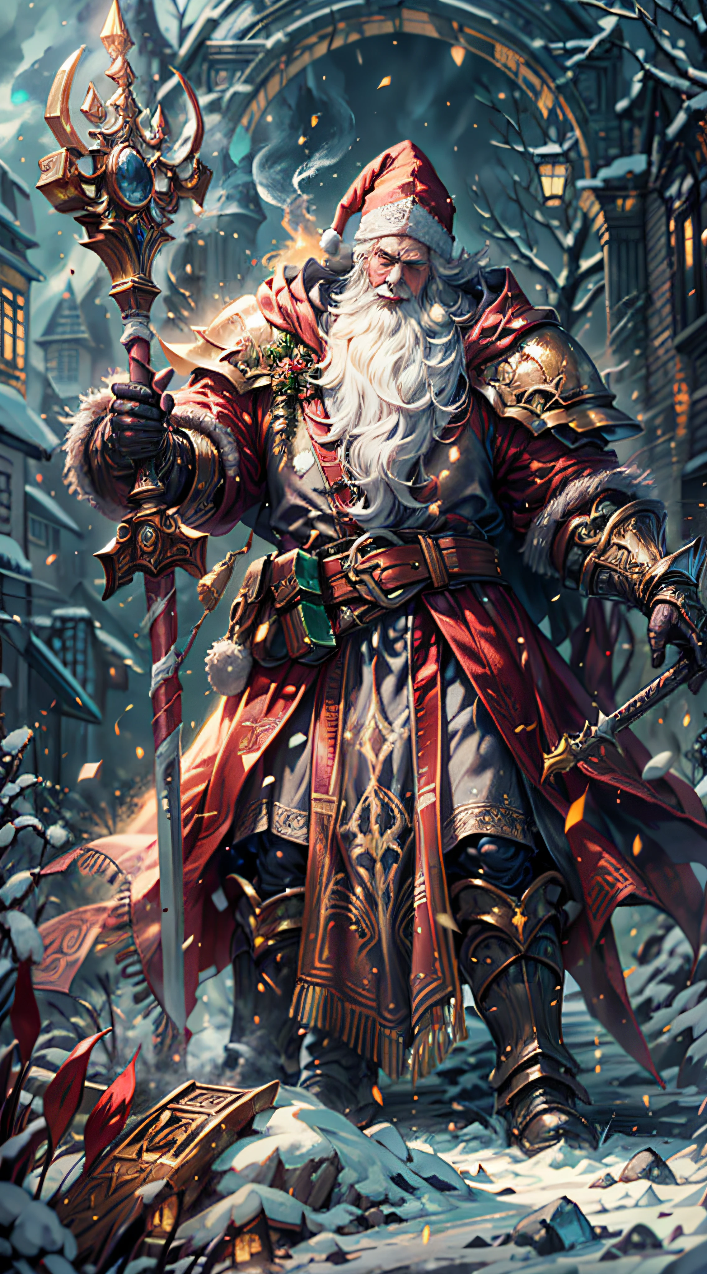 Santa Claus as the boss of the game "Dark Souls" in the Christmas DLC,best quality,4k,8k,highres,masterpiece:1.2,ultra-detailed,realistic:1.37,[HDR],[UHD],[studio lighting],extremely detailed face,beautiful detailed eyes,beautiful detailed lips,long eyelashes,[physically-based rendering],powerful physique,wearing a red and white armor suit with intricate designs,[imposing presence],holding a mighty candy cane [greatsword],surrounded by a snowy landscape,with large icicles hanging from the environment,casting a golden aura,[epic battle scene],intense fire and smoke effects,[vivid colorokeh],blue and white color scheme with hints of gold, dramatic lighting with warm highlights and cool shadows.
