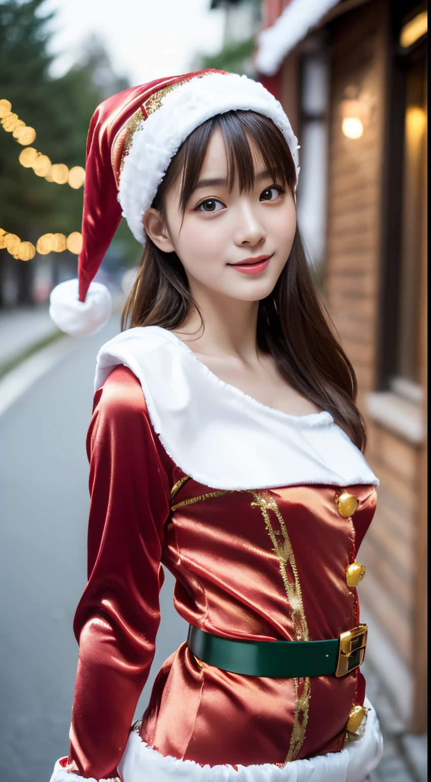 tre anatomically correct,Masterpiece of,High image quality,(Cute Santa Claus costumes:1.5),(The material of the costume is fine silk:1.4),20 years old, Japan Female, (Random posture:1.4),Professional Lighting,((Japan hair)),((Natural smile)),The ultra-detailliert、High quality textures、intricate detailes、detaileds、Very detailed CG、High quality shadows、Detail Beautiful delicate face、Detail Beautiful delicate eyes、depth of fields、Ray traching,1girl in, japanaese girl, Fashion Model, slender,Warm atmosphere,Outdoors with a Christmas atmosphere