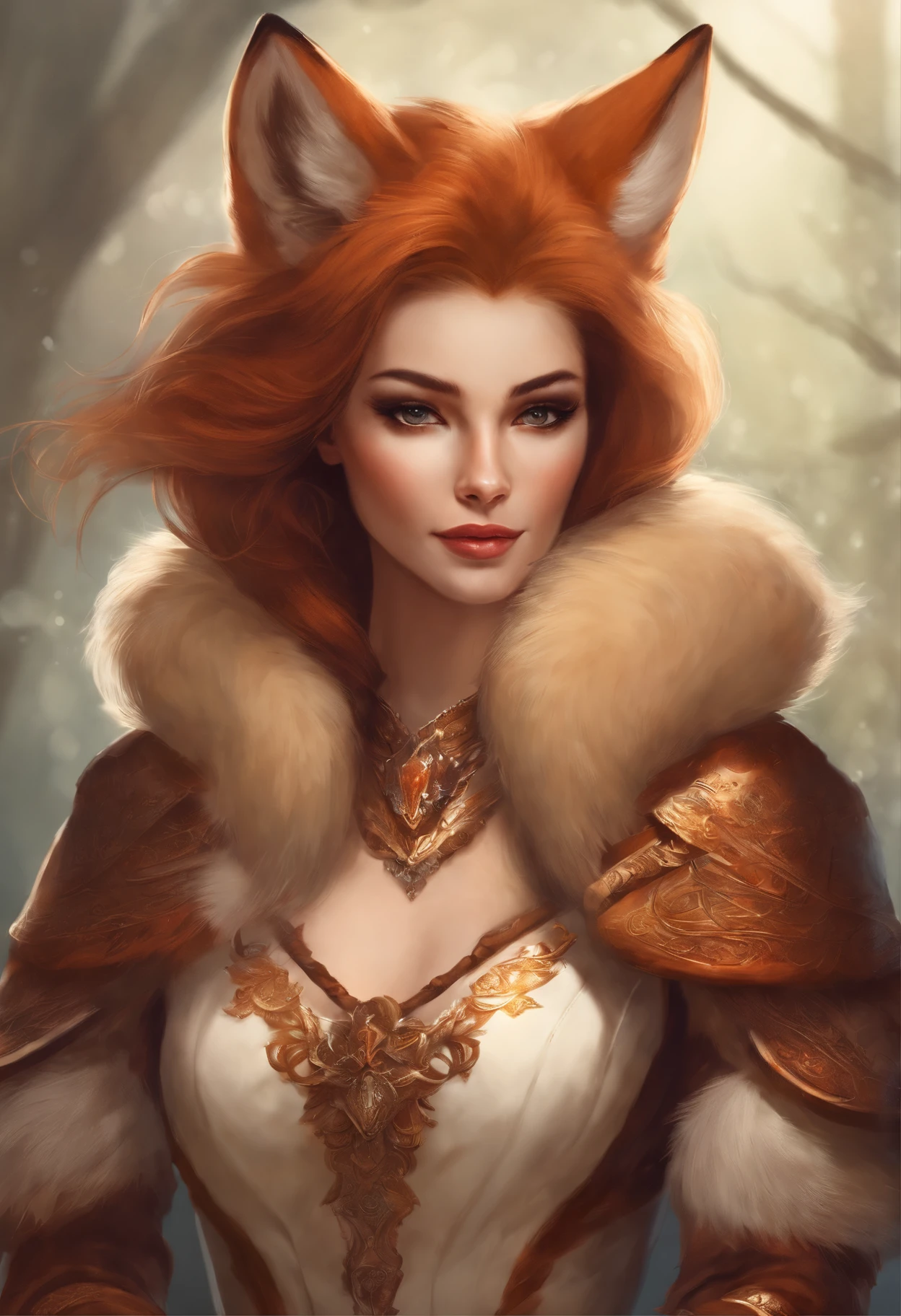 a woman in a brown coat and a white fur coat is standing with a knife in her hands, a beautiful fox lady, Armor dress, Inspired by Kitsune, portrait of an anthro fox, wearing intricate fur armor, an anthro fox, female fox, an anthropomorphic fox, fur armor, an anthropomorphic fox, Wearing fur armor, very very beautiful furry art