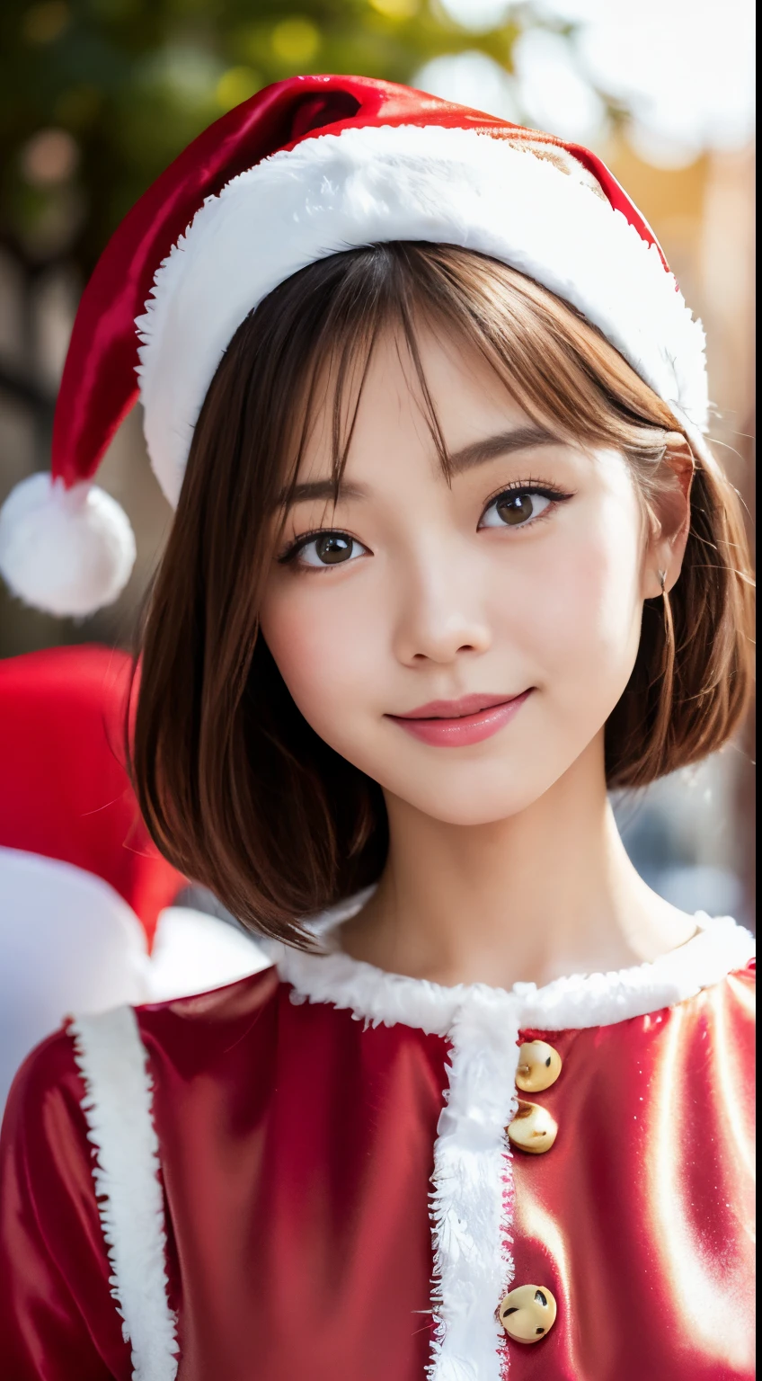 (A hyper-realistic), (hight resolution), (8K), (ighly detailed),  (beatiful detailed eyes), (top-quality), (ultra-detailliert), (​masterpiece), (A detailed face), softfocus、face of emma watson、short-hair、natta、In the square、Christmas Market Background、Santa Cosplay、Santa's hat、Colossal tits、japanes、A smile、