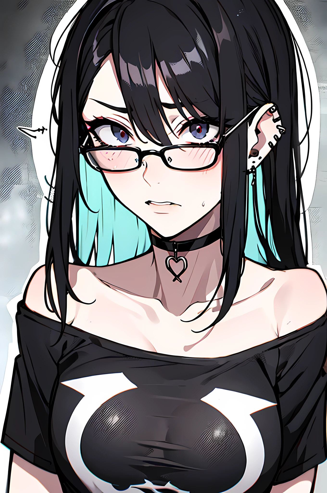 (masterpiece), best quality, expressive eyes, highres, anatomically correct, 1girl, perfect face, perfect hands, female, pale, glasses, messy hair, black hair, very long hair, black eyes, glasses, weak, tired, small breasts, graphic t-shirt, gothic, emo, goth, exposed left shoulder, piercings, ear piercings, lip piercings, fatigue, eye-bags, sore, blank eyes, expressionless, weak, crazy face, crazy eyes, swept bangs, choker, standing, freaked out, shocked, nervous, stressed, black hair, black eyes, black jacket,
