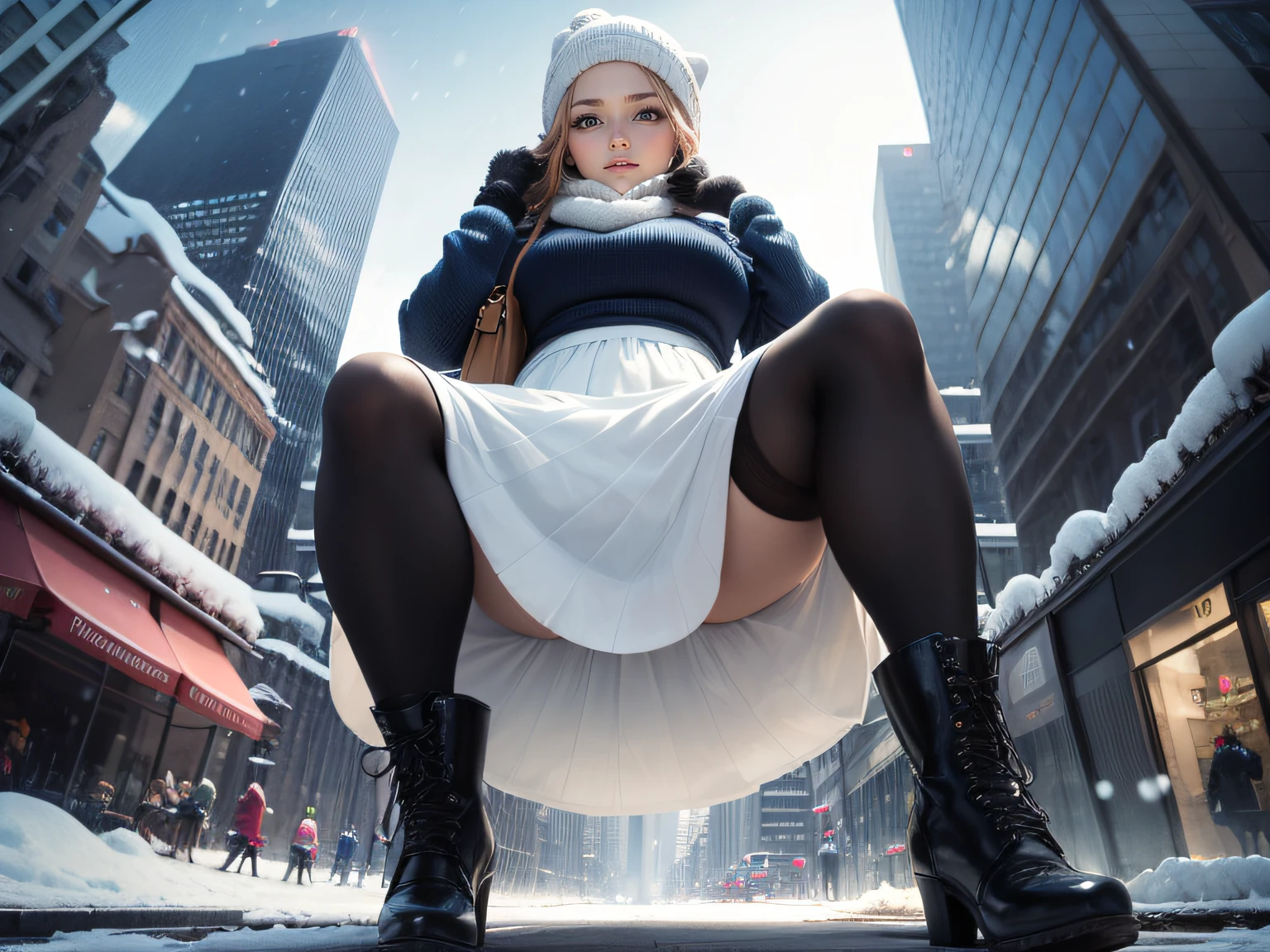 high-definition images, atmospheric perspective, 8k, super detail, accurate, best quality, angle from below, a woman, drooping eyes, blush, in the city, she has a plastic bag, food track, busy, skyscrapers, snowing, (white breath), (long skirt), thick tights, high boots, shoulder bag, knit hat, mittens, sitting the bench on the sidewalk,
