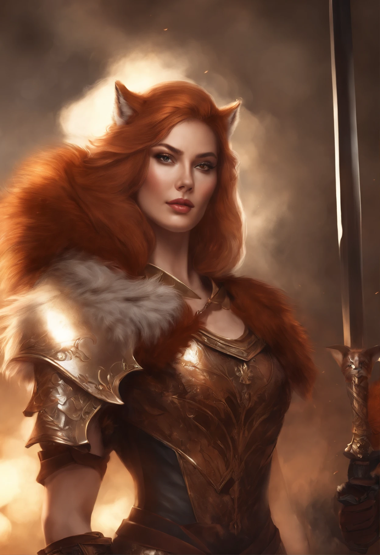 a woman in a brown outfit stands with a sword and a fox, Armor dress, Inspired by Kitsune, fur armor, Wearing fur armor, a beautiful fox lady, Female anthropomorphic wolf, Fur and leather armor, wearing intricate fur armor, Wolf armor, anthro art, very very beautiful furry art, art of silverfox, Red Female Killer, female fox