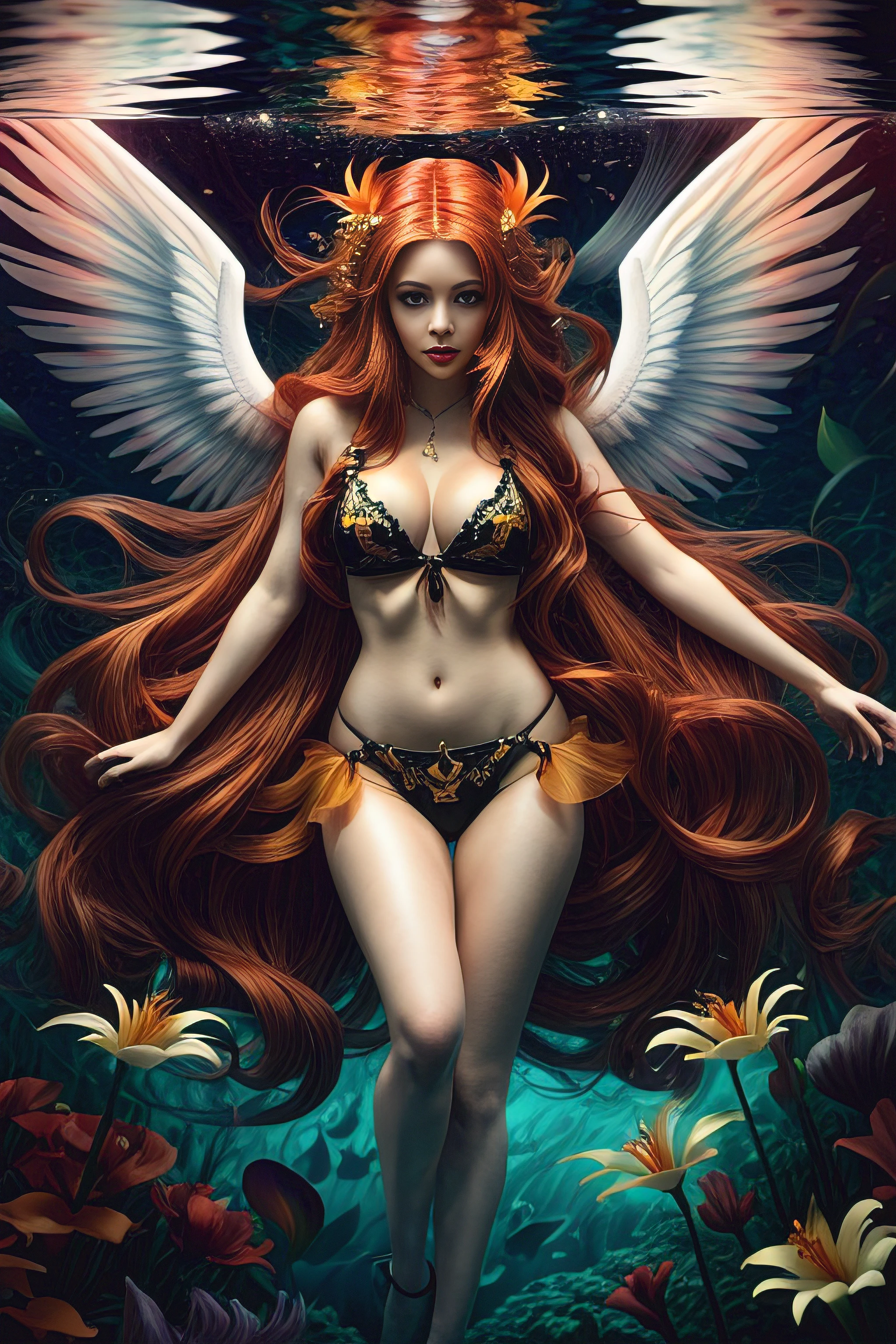 Sexy witch underwater, long red flowing hair, angel wings, orange yellow and white lily flowers