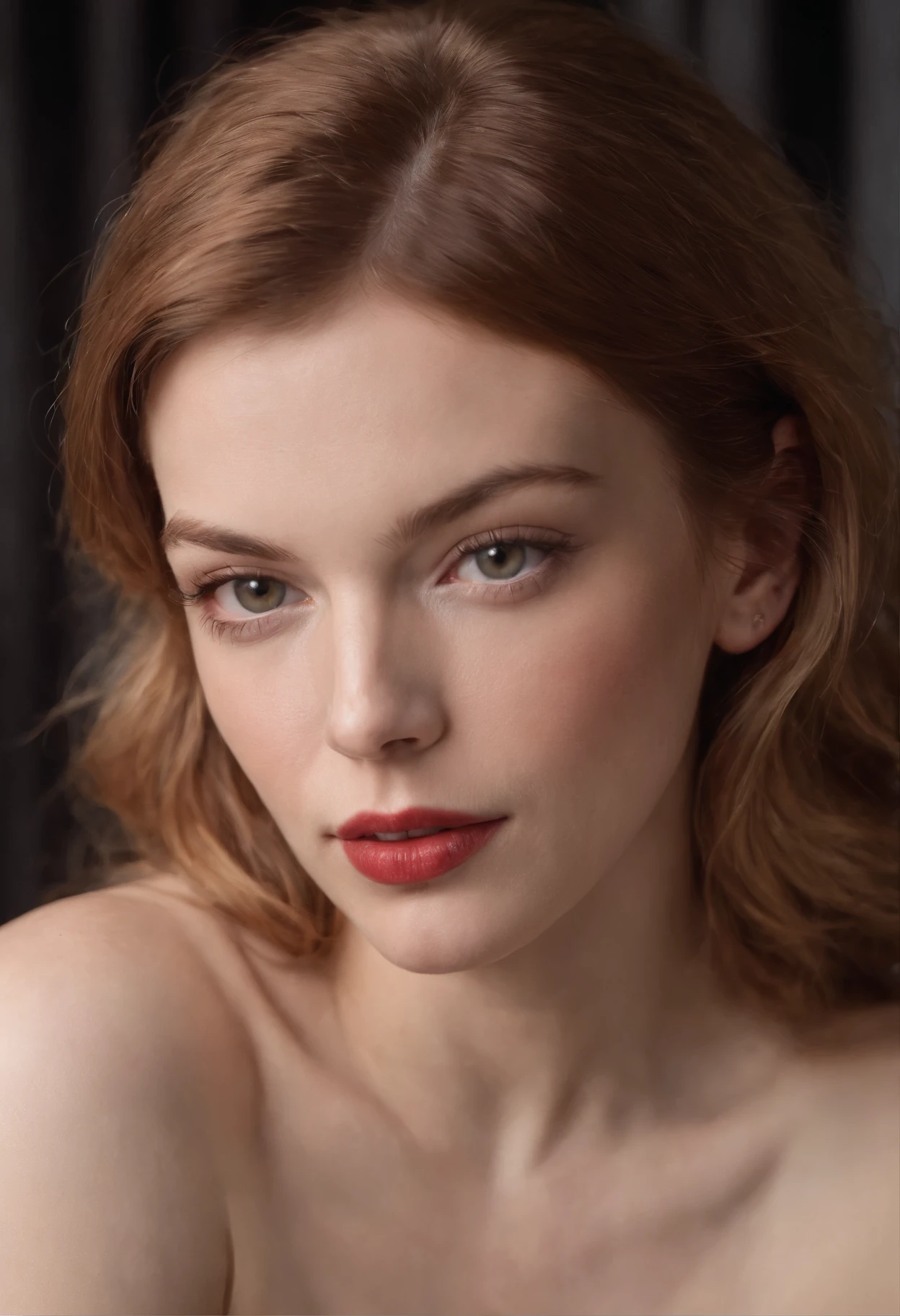Nude Woman about 22 years old, topless, nude actress, young Mila Jovovich lookalike, very light strawberry blonde hair, ultra realist headshot photo, 1/2 length portrait photo, woman shown from the waist up, portrait from the waist up, freckled shoulders, freckled chest and tits, freckled cheeks, freckled forehead, very pale tiny hard erect nipples, sexy pout, luscious glistening nude lips, regard profond, in the very blurry background emerges some dramatic spot lit deep red velvet curtains, lit with 2 spot lights down