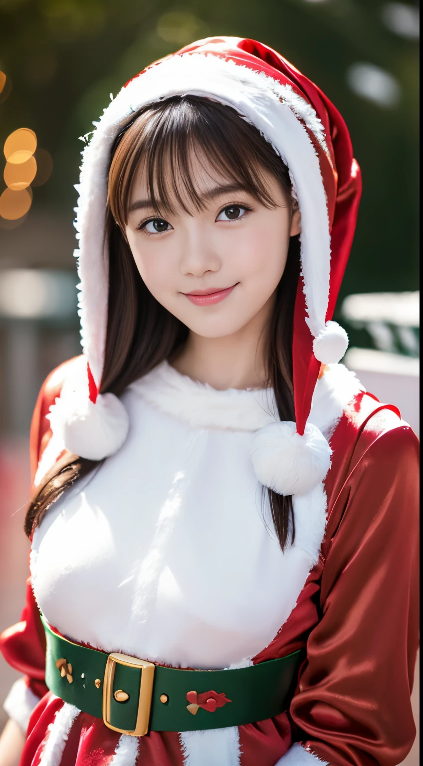 tre anatomically correct,Masterpiece of,High image quality,(Cute Santa Claus costumes:1.5),(The material of the costume is fine silk:1.4),20 years old, Japan Female, (Random posture:1.4),Professional Lighting,((Japan hair)),((Natural smile)),The ultra-detailliert、High quality textures、intricate detailes、detaileds、Very detailed CG、High quality shadows、Detail Beautiful delicate face、Detail Beautiful delicate eyes、depth of fields、Ray traching,1girl in, japanaese girl, Fashion Model, slender,Warm atmosphere,Outdoors with a Christmas atmosphere
