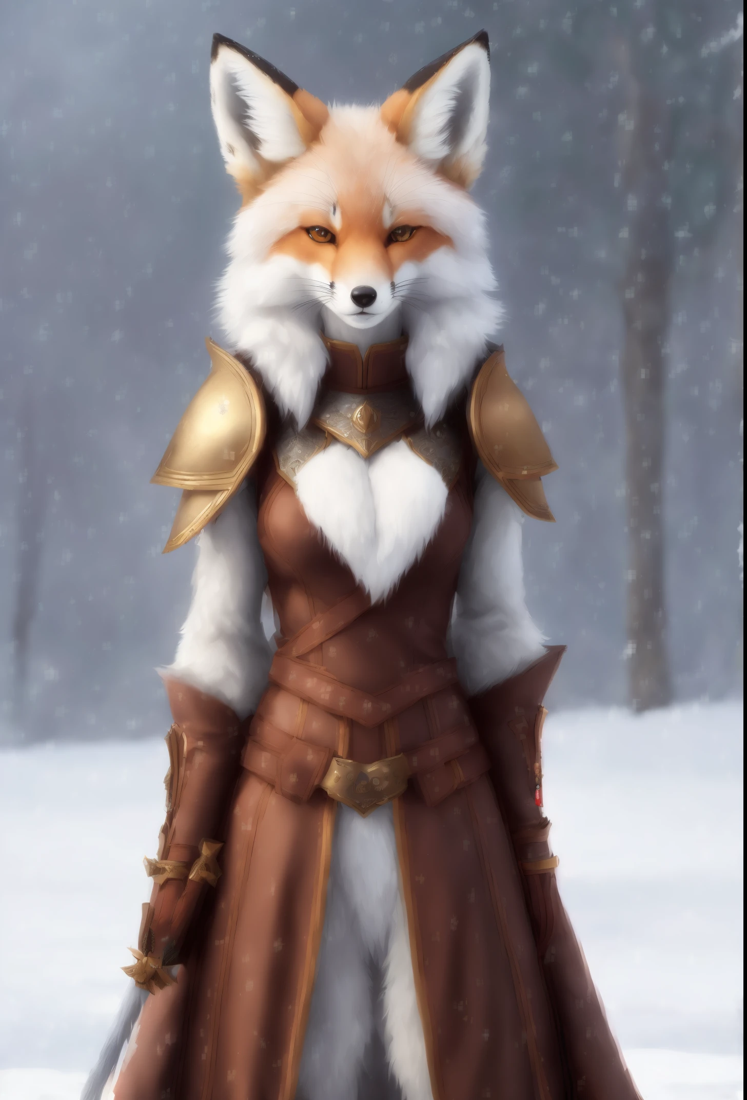 a fox with a sword stands in the snow, a beautiful fox lady, portrait of an anthro fox, art of silverfox, an anthro fox, furry fantasy art, very very beautiful furry art, anthro art, female fox, an anthropomorphic fox, an anthropomorphic fox, Armor dress, Inspired by Kitsune, fox girl