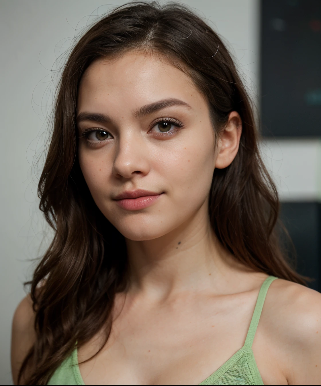 Cute beautiful sexy European light-green-eyed brunette, 22 years old,
Girl is wearing a beautiful black cocktail dress, high heels, full subject shown in photo, abstract light background, girl is in focus, background is out of focus, depth of field, sardonic smile, girl is looking sideways, girl does not look into the camera, full subject is shown in photo, bare legs, no nude, hair in ponytail, light-green eyes,
tiny waist, very detailed, innocent face, face-length 1.3 times the face-width, almond-shaped eyes, squared face-shape, high cheekbones, naturally wavy hair, light-green eyes, high-res, masterpiece, best quality, intricate details, very detailed, sharp focus, detailed skin, realistic skin texture, texture, detailed eyes, professional, 4k, charming smile, shot with Canon, depth of field, Kodak Vision color, perfectly fitting body, extremely detailed, photo_\( ultra\), photorealistic, realistic, post processing, maximum details, roughness, real life, ultrarealistic, photorealism, photography, 8k UHD, photography