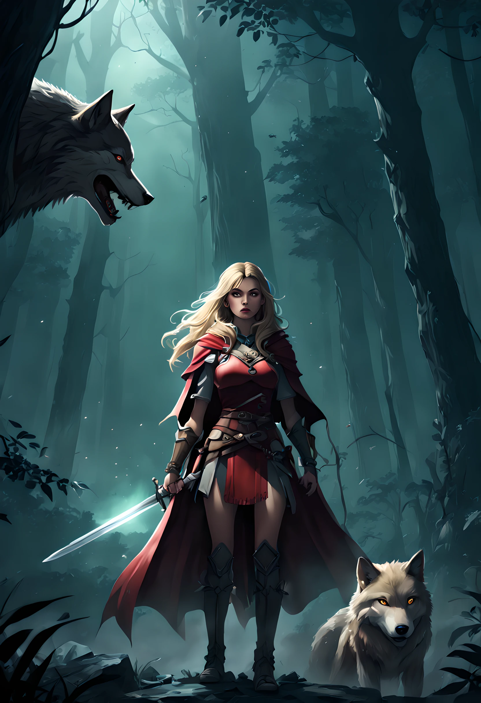 Embroidery tapestry work fantasy art, RPG art, Dark fantasy art, ultra wide shot, RAW, photorealistic, a picture of female human ranger and her wolf pet, the ranger, an exquisite beautiful human woman, long blond hair, braided hair, green eyes, wearing leather armor, wearing (red cloak: 1.1), armed with a (sword: 1.3), wearing laced boots, standing in a dark forest at night, (mist rising from the grounds: 1.3), a sense of dread and fear, yet she stands defiant and fearless, her wolf pet stands near her, protecting her, dark fantasy forest background, best quality, 16k, [ultra detailed], masterpiece, best quality, (ultra detailed), full body, ultra wide shot, photorealism