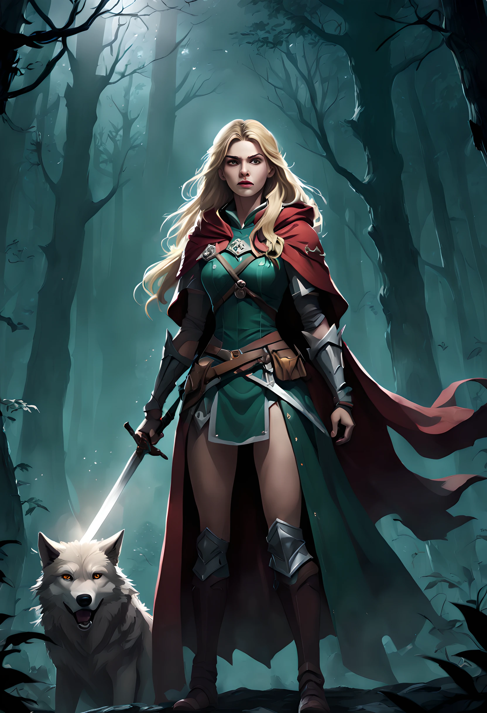 Embroidery tapestry work fantasy art, RPG art, Dark fantasy art, ultra wide shot, RAW, photorealistic, a picture of female human ranger and her wolf pet, the ranger, an exquisite beautiful human woman, long blond hair, braided hair, green eyes, wearing leather armor, wearing (red cloak: 1.1), armed with a (sword: 1.3), wearing laced boots, standing in a dark forest at night, (mist rising from the grounds: 1.3), a sense of dread and fear, yet she stands defiant and fearless, her wolf pet stands near her, protecting her, dark fantasy forest background, best quality, 16k, [ultra detailed], masterpiece, best quality, (ultra detailed), full body, ultra wide shot, photorealism