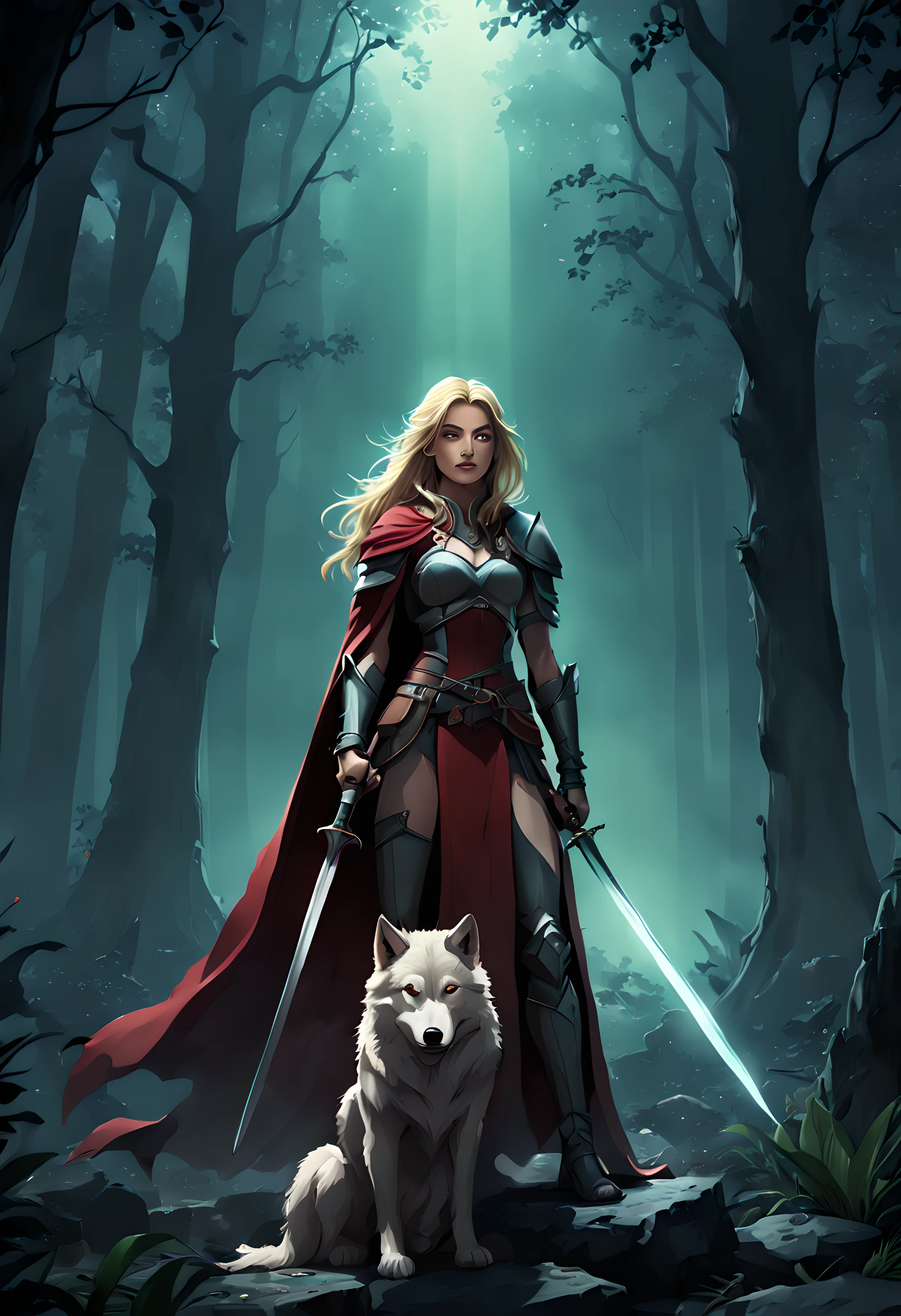 (Embroidery tapestry artwork: 1.5) fantasy art, RPG art, Dark fantasy art, ultra wide shot, RAW, photorealistic, a picture of female human ranger and her wolf pet, the ranger, an exquisite beautiful human woman, long blond hair, braided hair, green eyes, wearing leather armor, wearing (red cloak: 1.1), armed with a (sword: 1.3), wearing laced boots, standing in a dark forest at night, (mist rising from the grounds: 1.3), a sense of dread and fear, yet she stands defiant and fearless, her wolf pet stands near her, protecting her, dark fantasy forest background, best quality, 16k, [ultra detailed], masterpiece, best quality, (ultra detailed), full body, ultra wide shot, photorealism