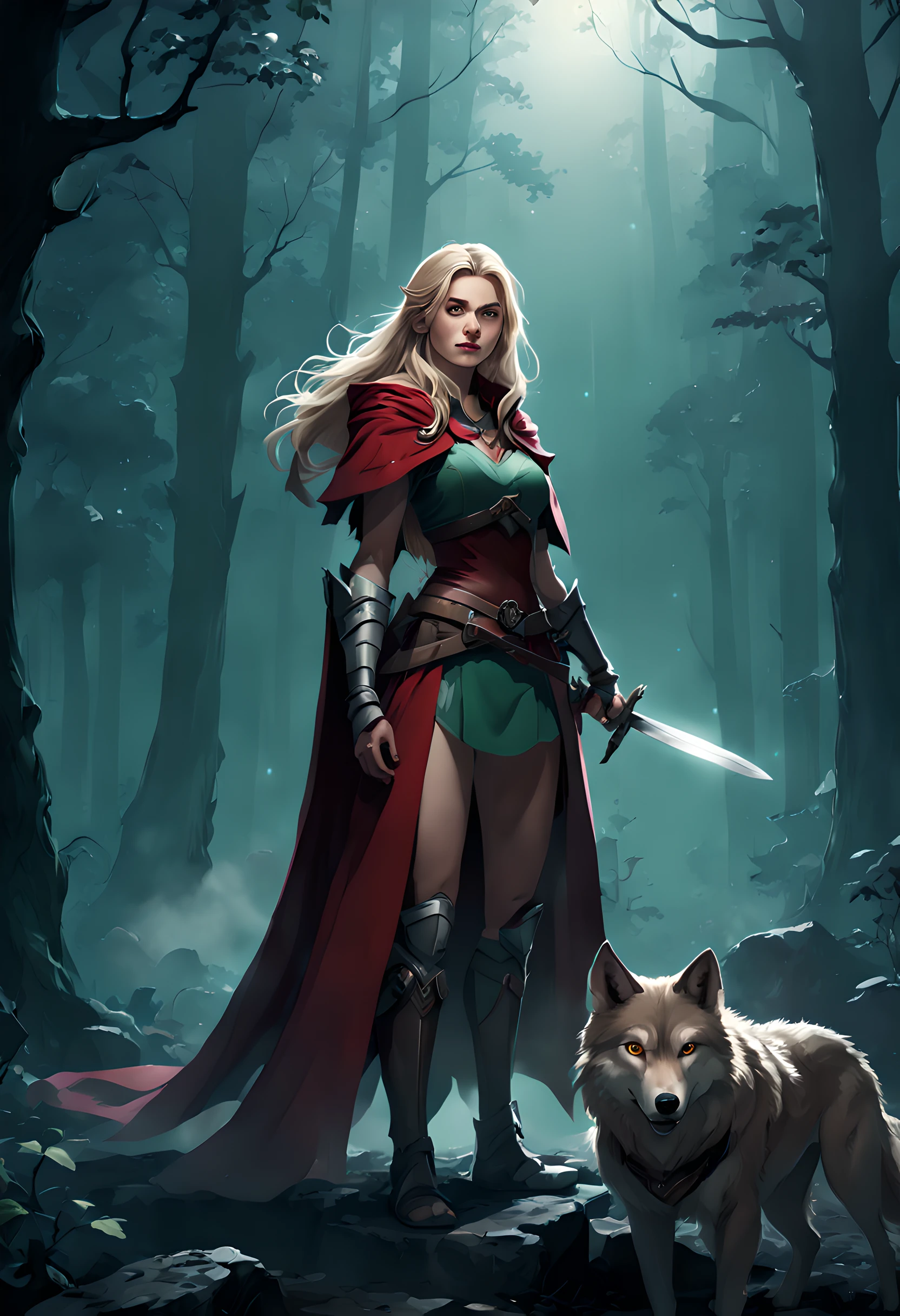 (Embroidery tapestry artwork: 1.5) fantasy art, RPG art, Dark fantasy art, ultra wide shot, RAW, photorealistic, a picture of female human ranger and her wolf pet, the ranger, an exquisite beautiful human woman, long blond hair, braided hair, green eyes, wearing leather armor, wearing (red cloak: 1.1), armed with a (sword: 1.3), wearing laced boots, standing in a dark forest at night, (mist rising from the grounds: 1.3), a sense of dread and fear, yet she stands defiant and fearless, her wolf pet stands near her, protecting her, dark fantasy forest background, best quality, 16k, [ultra detailed], masterpiece, best quality, (ultra detailed), full body, ultra wide shot, photorealism