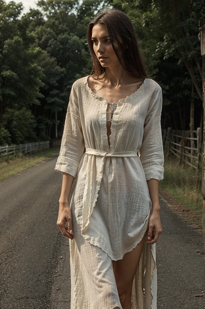 tall, slim woman, dressed in torn linen tunic. scared. country road, midnight. full view